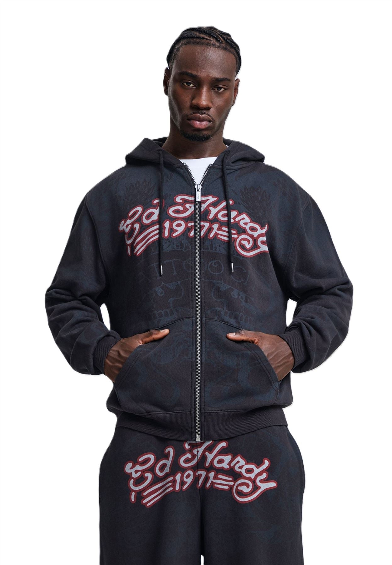 Ed Hardy Shadow Eagle Graphic Relaxed Zip Thru Men's Black Hoodie