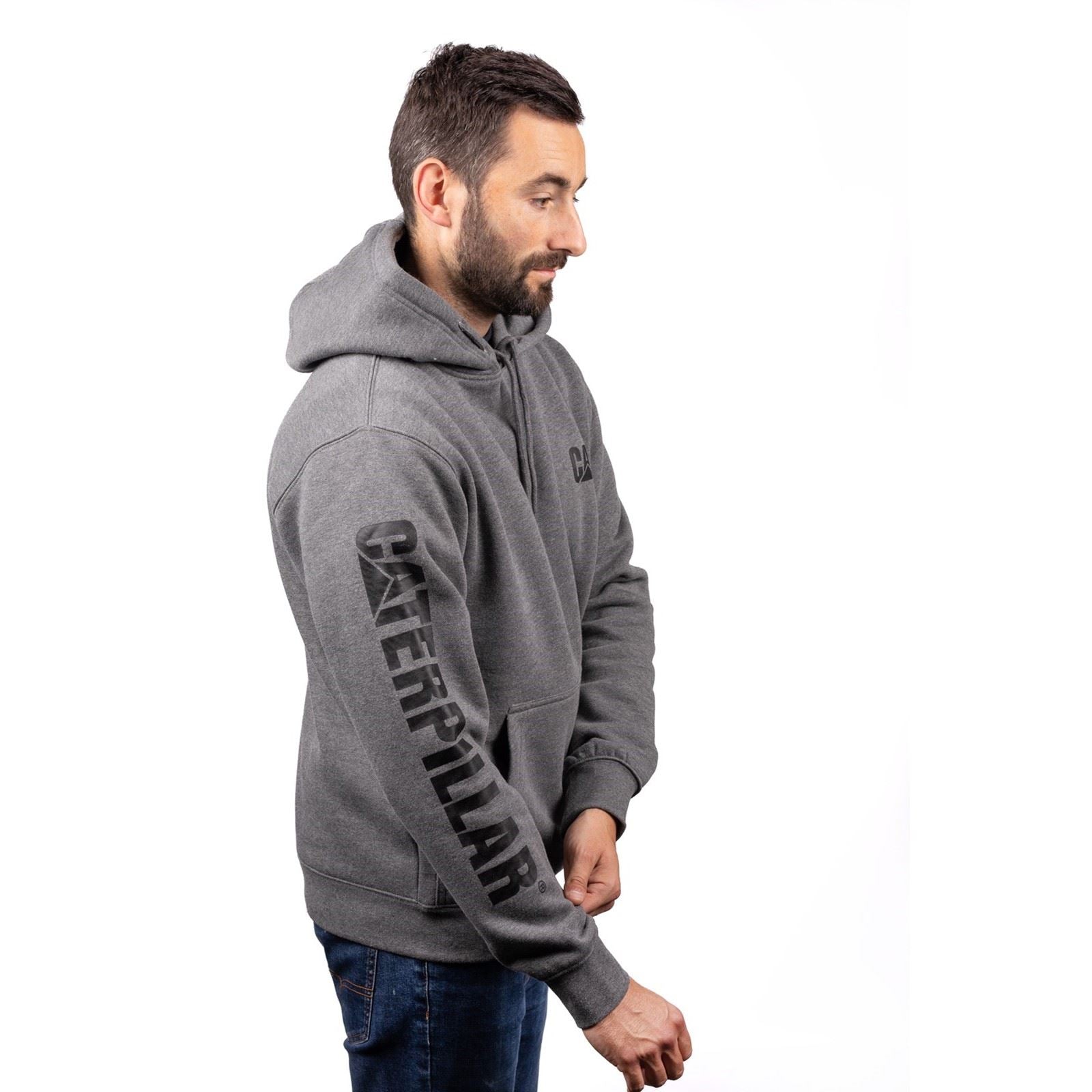 Caterpillar Trademark Banner Cotton Men's Grey Hooded Sweatshirt