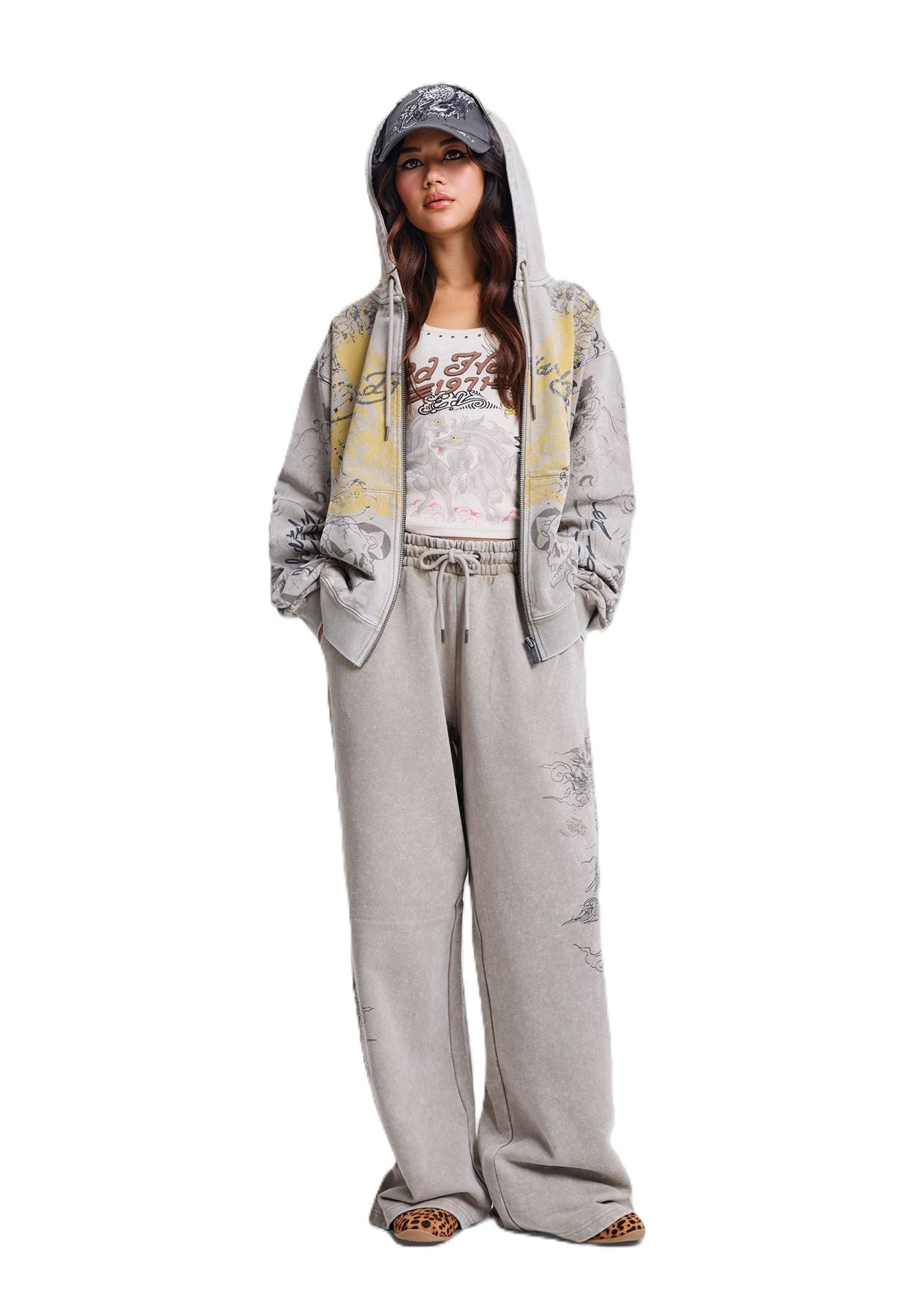Ed Hardy Diamante Venom Stone Wash Relaxed Zip Thru Women's Gray Hoodie
