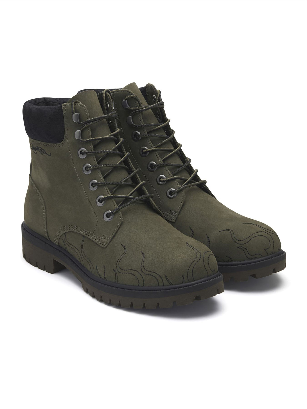 Ed Hardy Embroidered Flames Nubuck Men's Khaki Boots