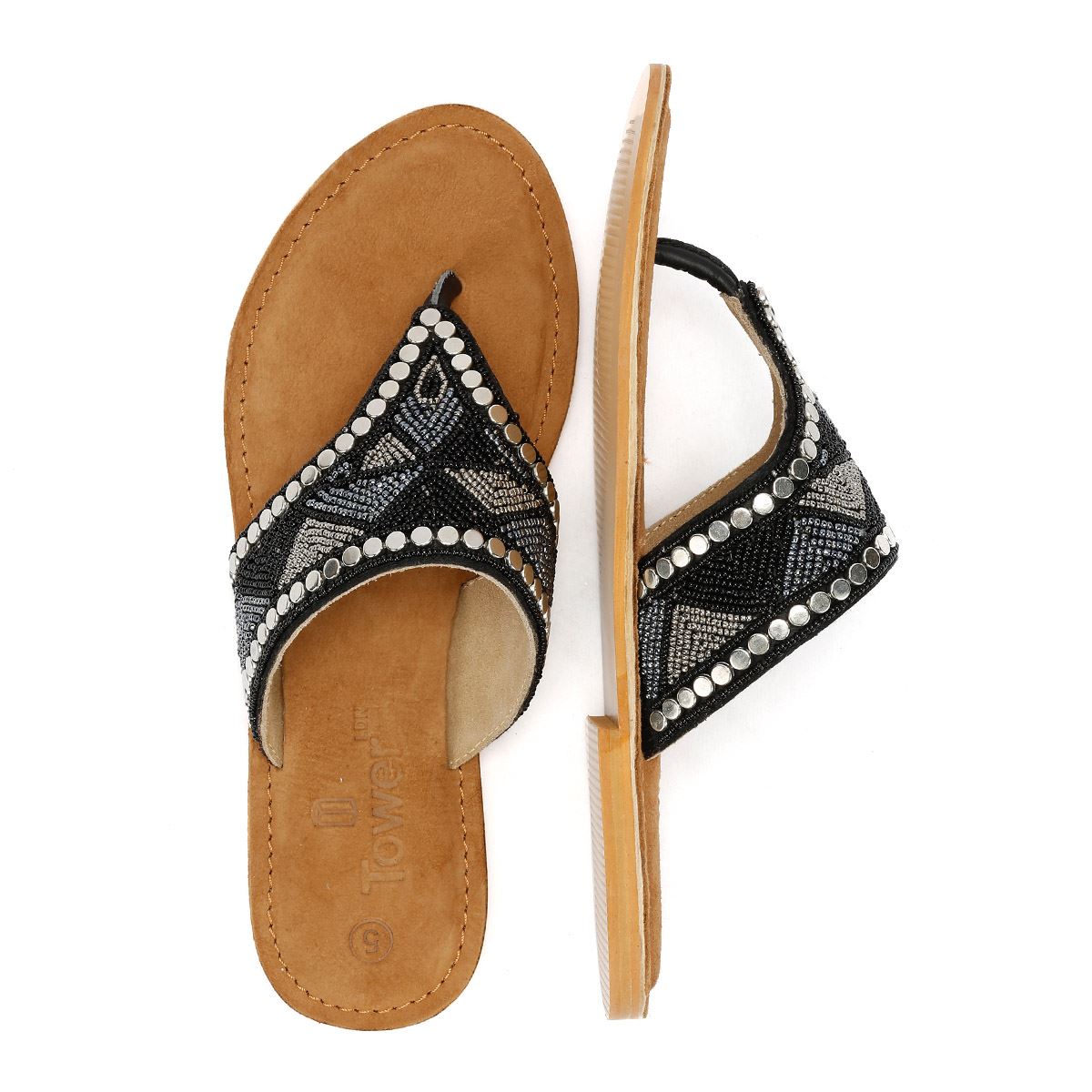 Tower London Wide Vamp Toepost Women's Black Metallic Sandals