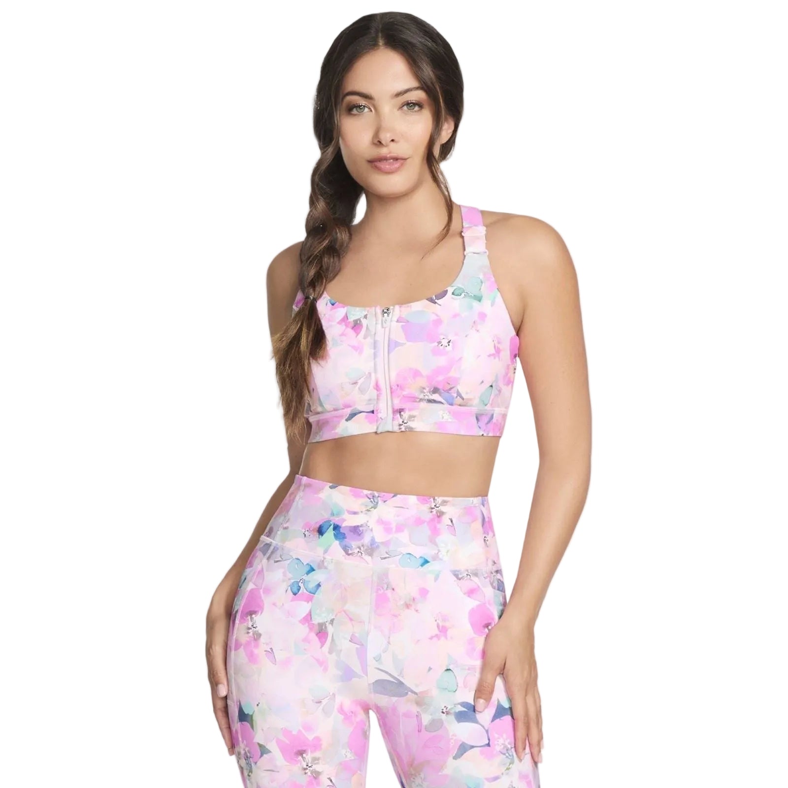 Skechers Performance GoWalk Seascape Floral Zip Front Bra Nylon Women's Pink Sports Bra