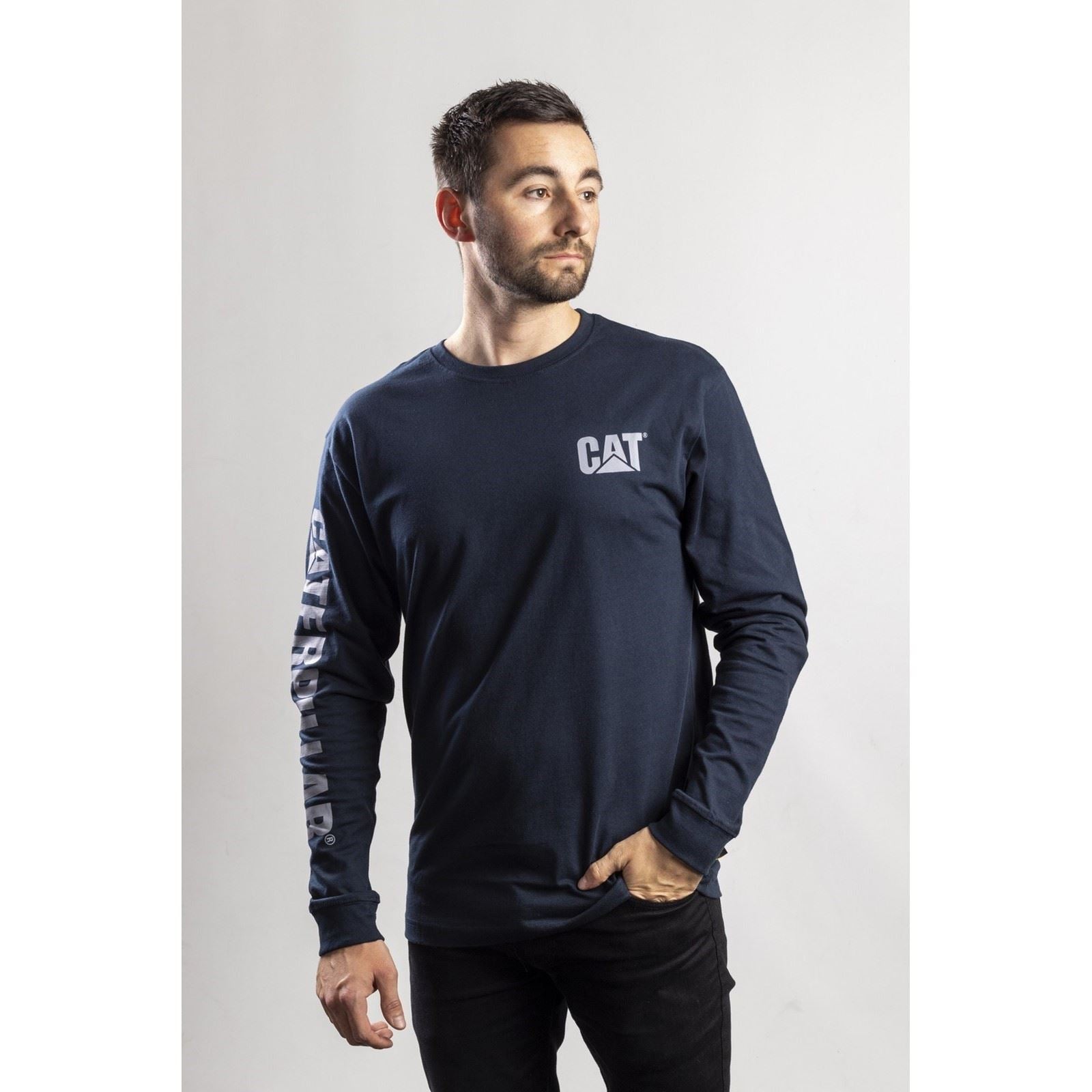 Caterpillar Trademark Banner Long Sleeve Cotton Men's Blue T-Shirt