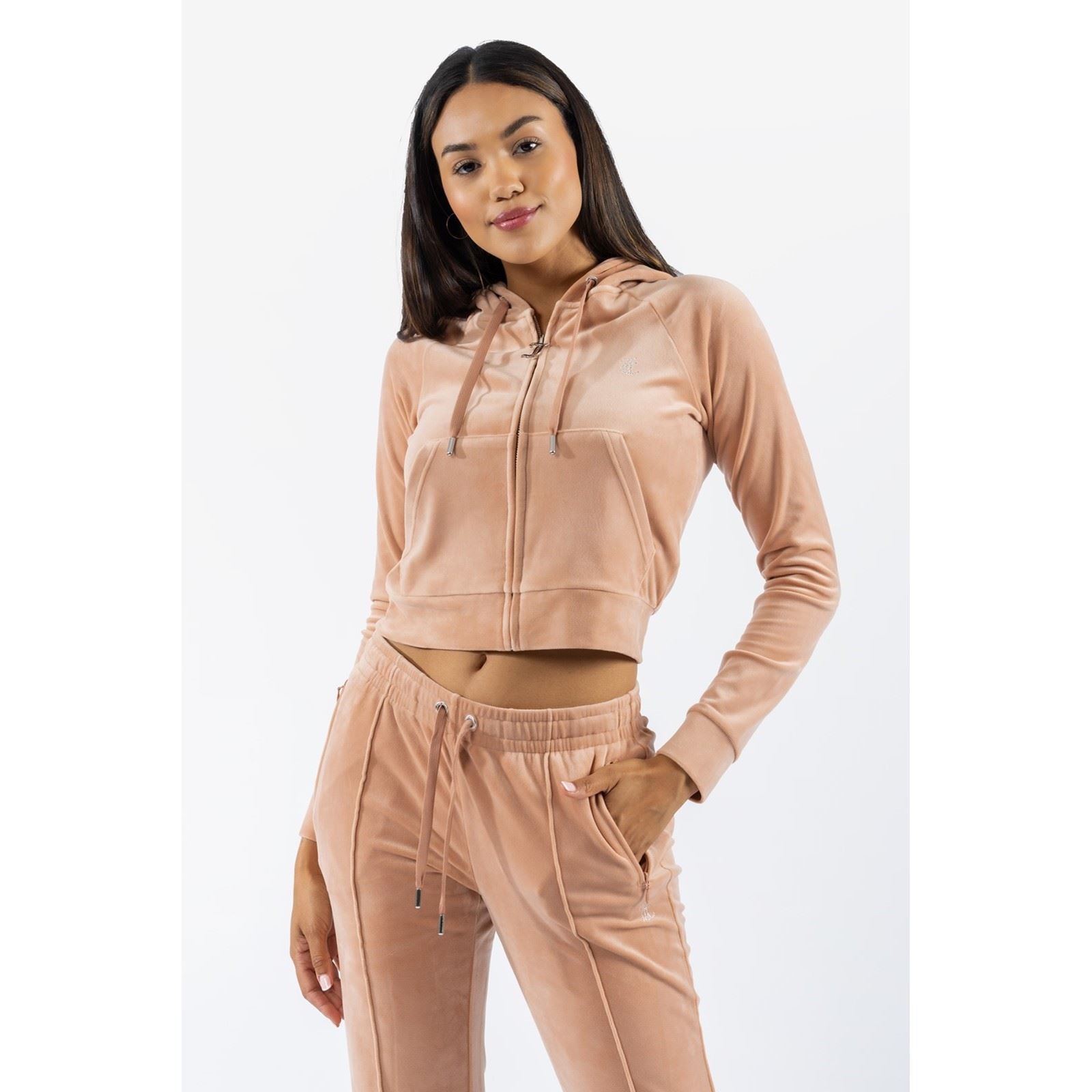Juicy Couture Classic Velour Hoodie With Juicy Logo Synthetic Women's Beige Hooded Sweatshirt