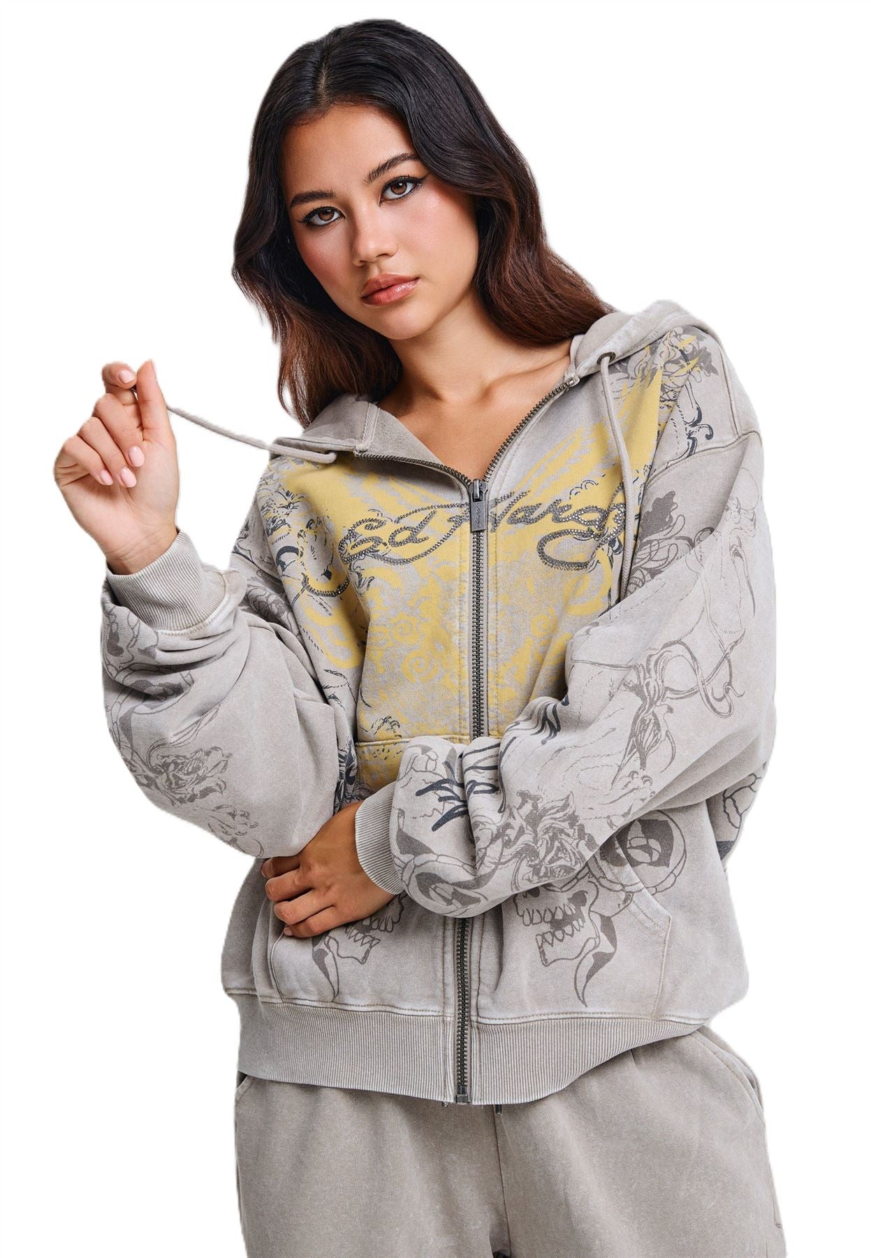 Ed Hardy Diamante Venom Stone Wash Relaxed Zip Thru Women's Gray Hoodie