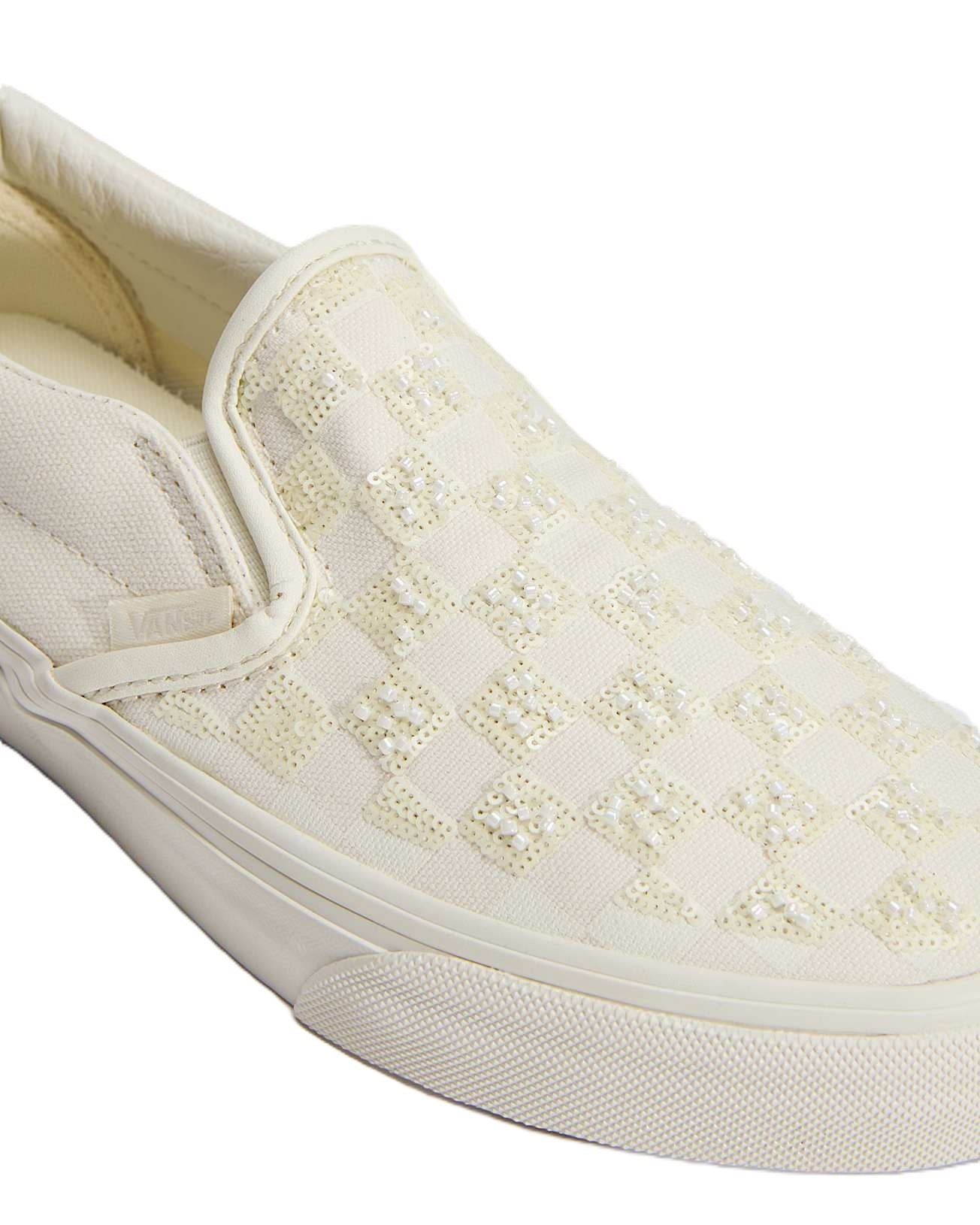 Vans Classic Slip-On Canvas Women's White Beaded Checkerboard Sneakers