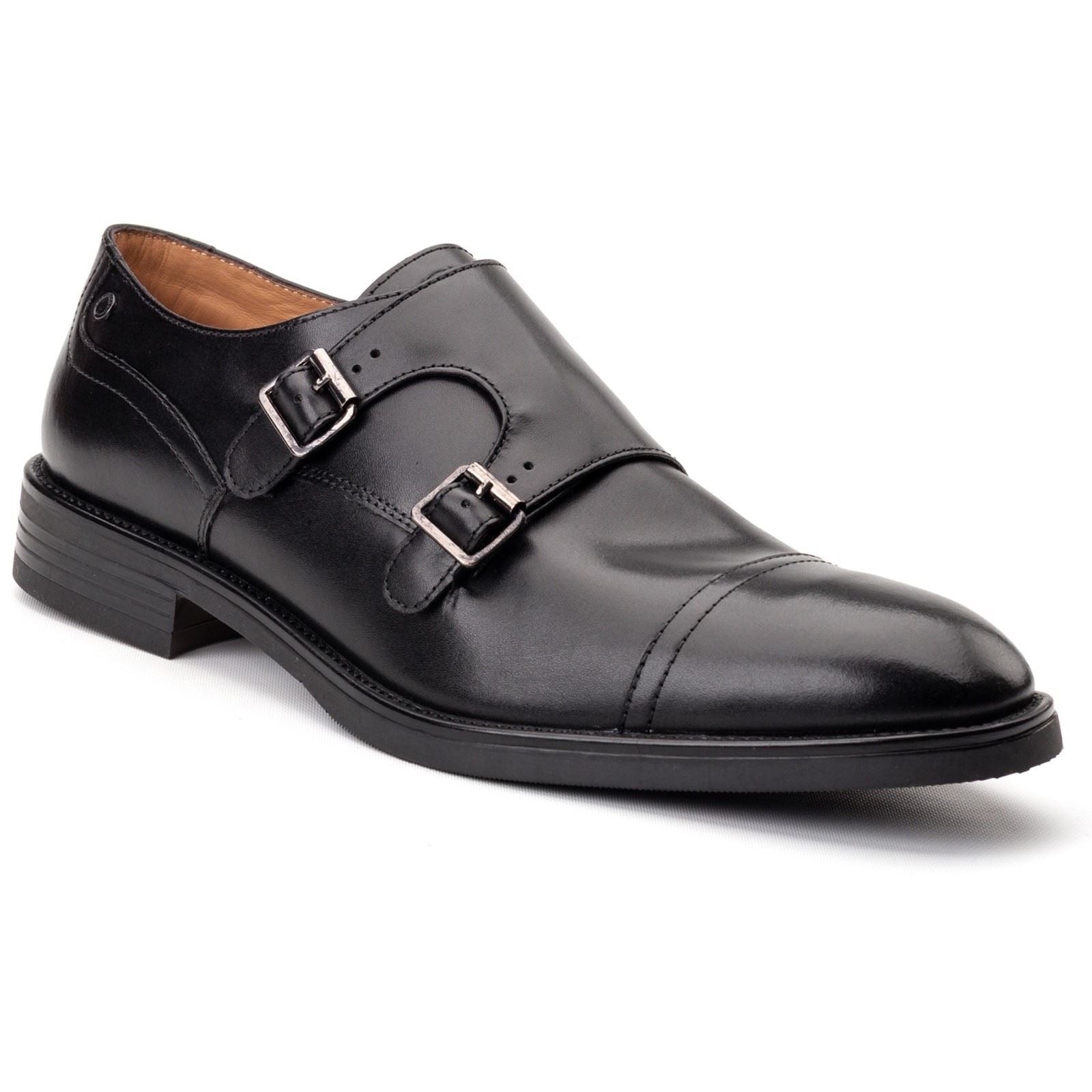 Base London Taper Leather Men's Black Double Monk Shoes