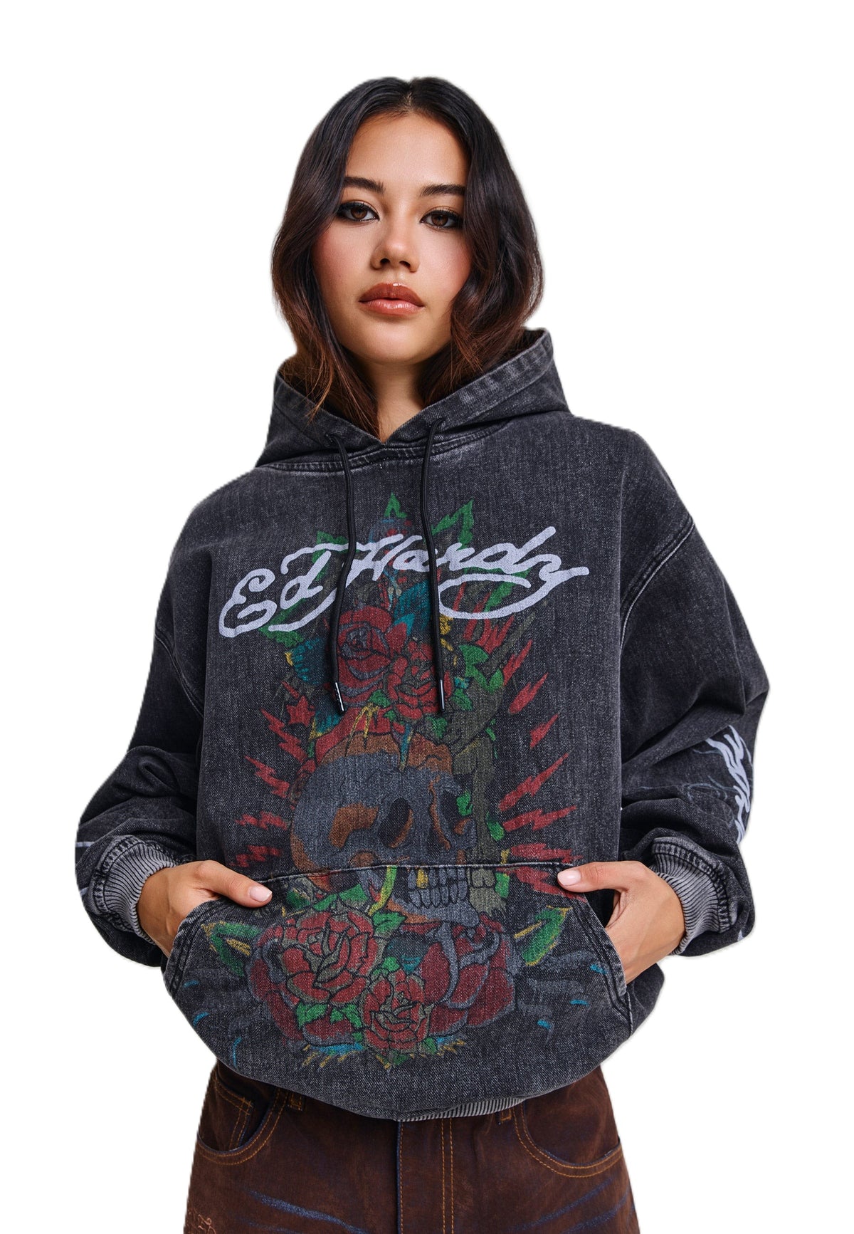 Ed Hardy Skull Roses Oversized Women's Black Hoodie