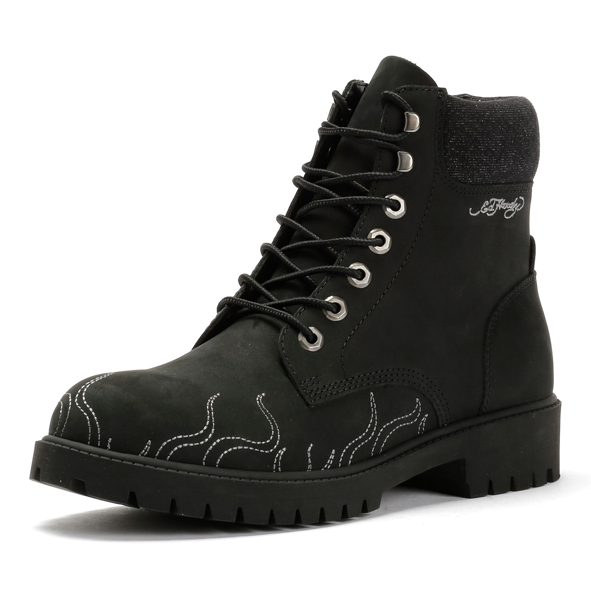 Ed Hardy Embroidered Flames Nubuck Men's Black Boots