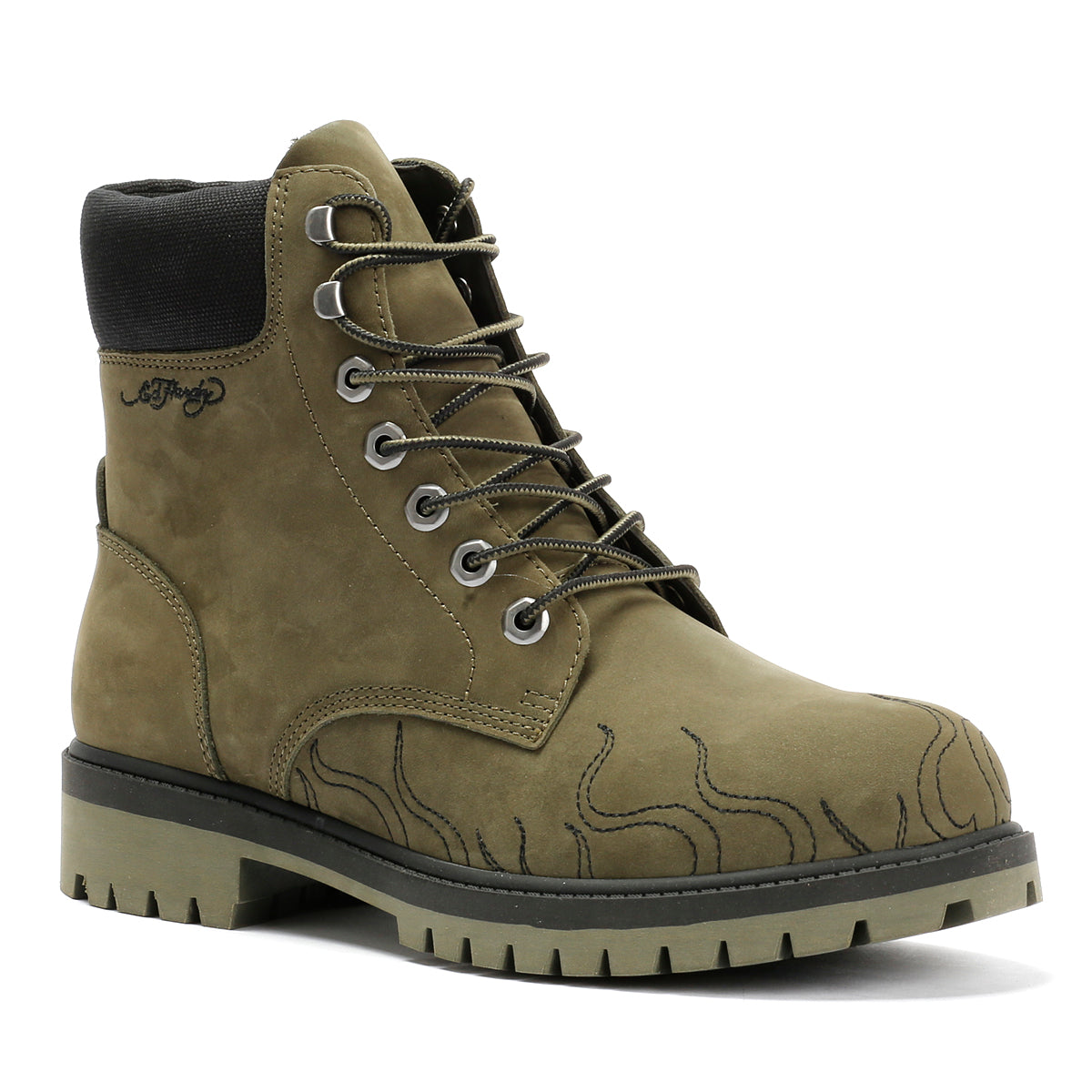 Ed Hardy Embroidered Flames Nubuck Men's Khaki Boots