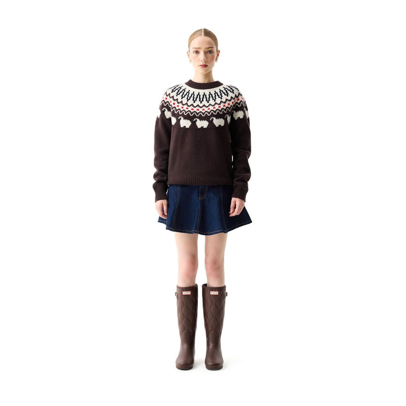 Hunter Ashie Crew Fair Isle Knit Polyester Women's Chocolate Crew Neck Jumpers