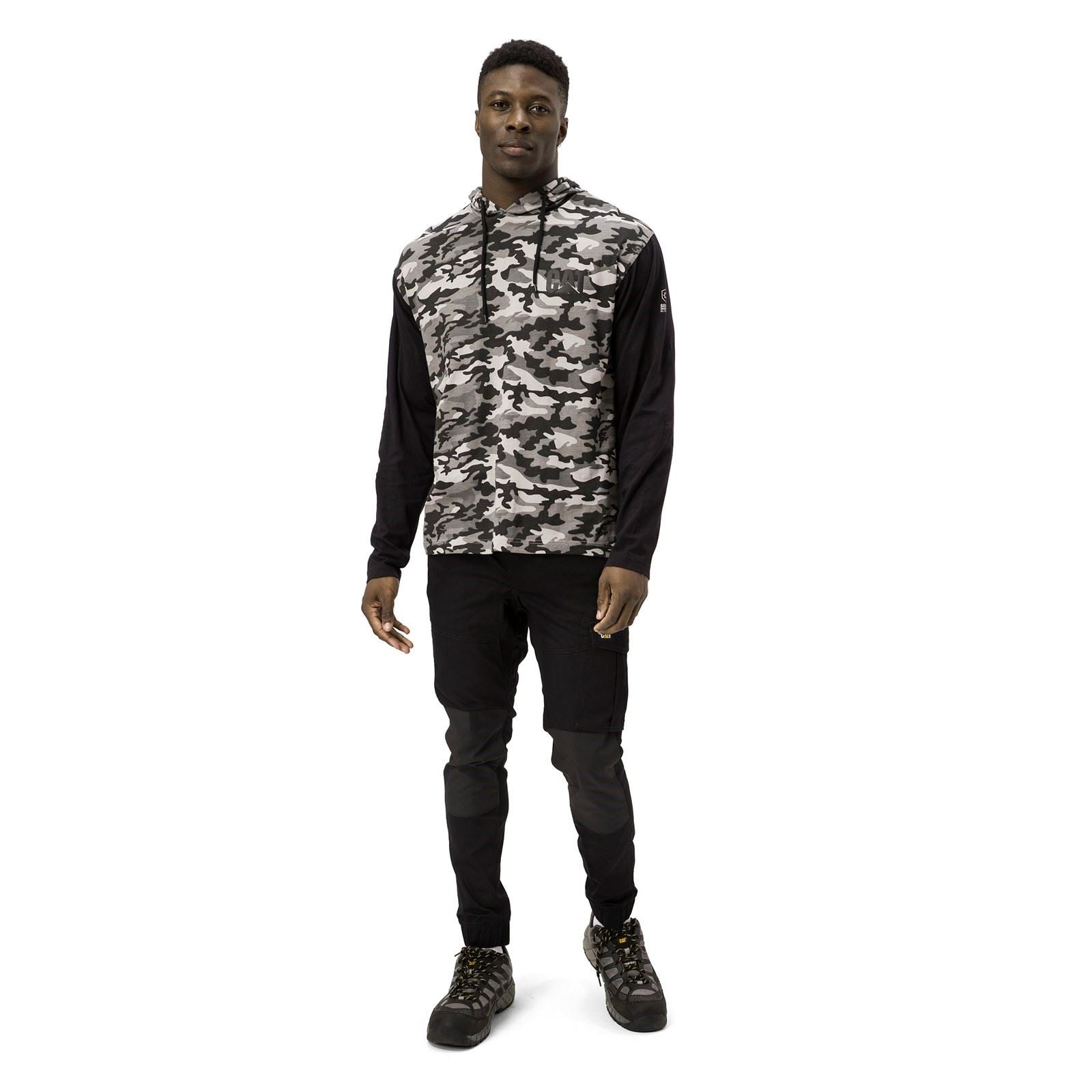 Caterpillar Hooded Long Sleeve Cotton Men's Grey T-Shirt