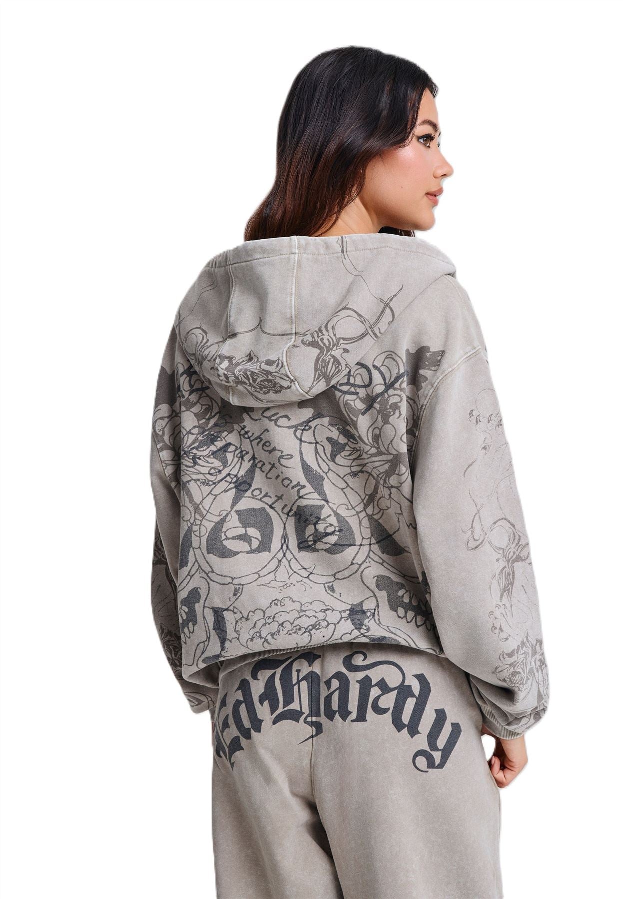 Ed Hardy Diamante Venom Stone Wash Relaxed Zip Thru Women's Gray Hoodie