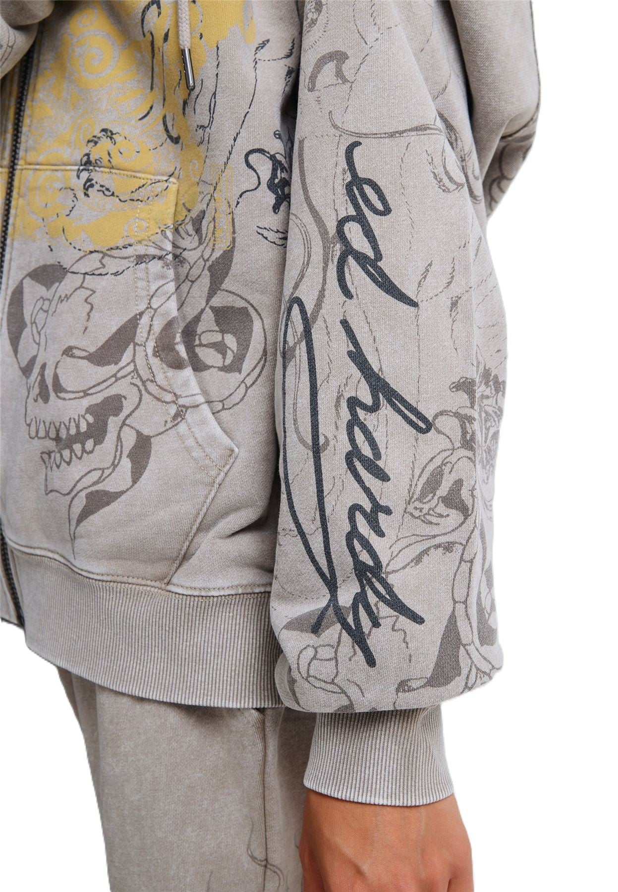 Ed Hardy Diamante Venom Stone Wash Relaxed Zip Thru Women's Gray Hoodie