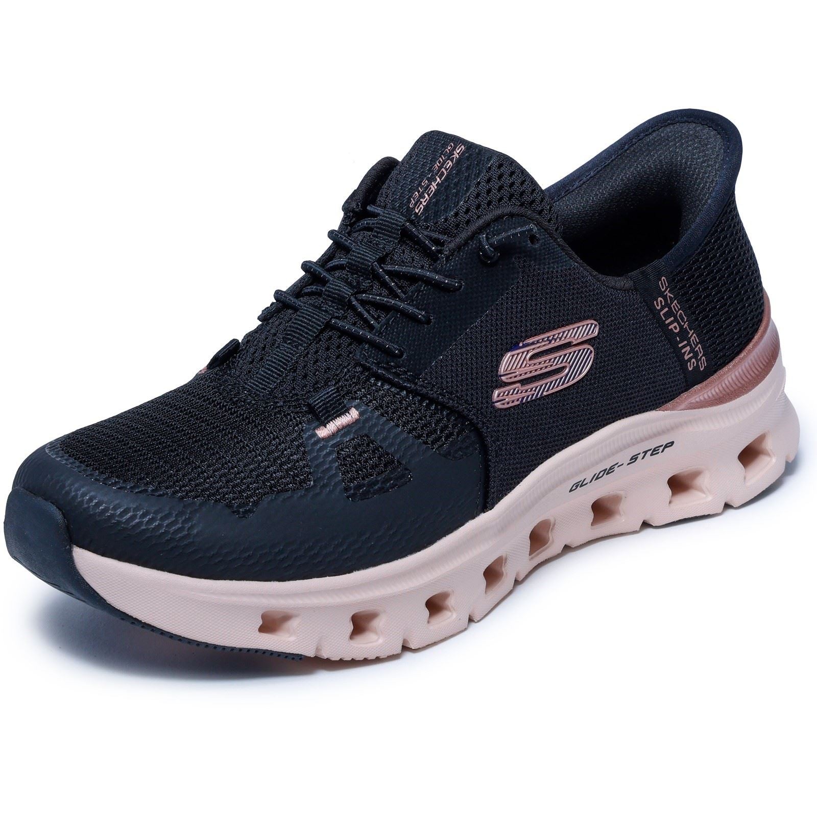 Skechers Glide-Step Pro Radiant Stride Womens Black Mesh/Rose Gold Trim Trainers