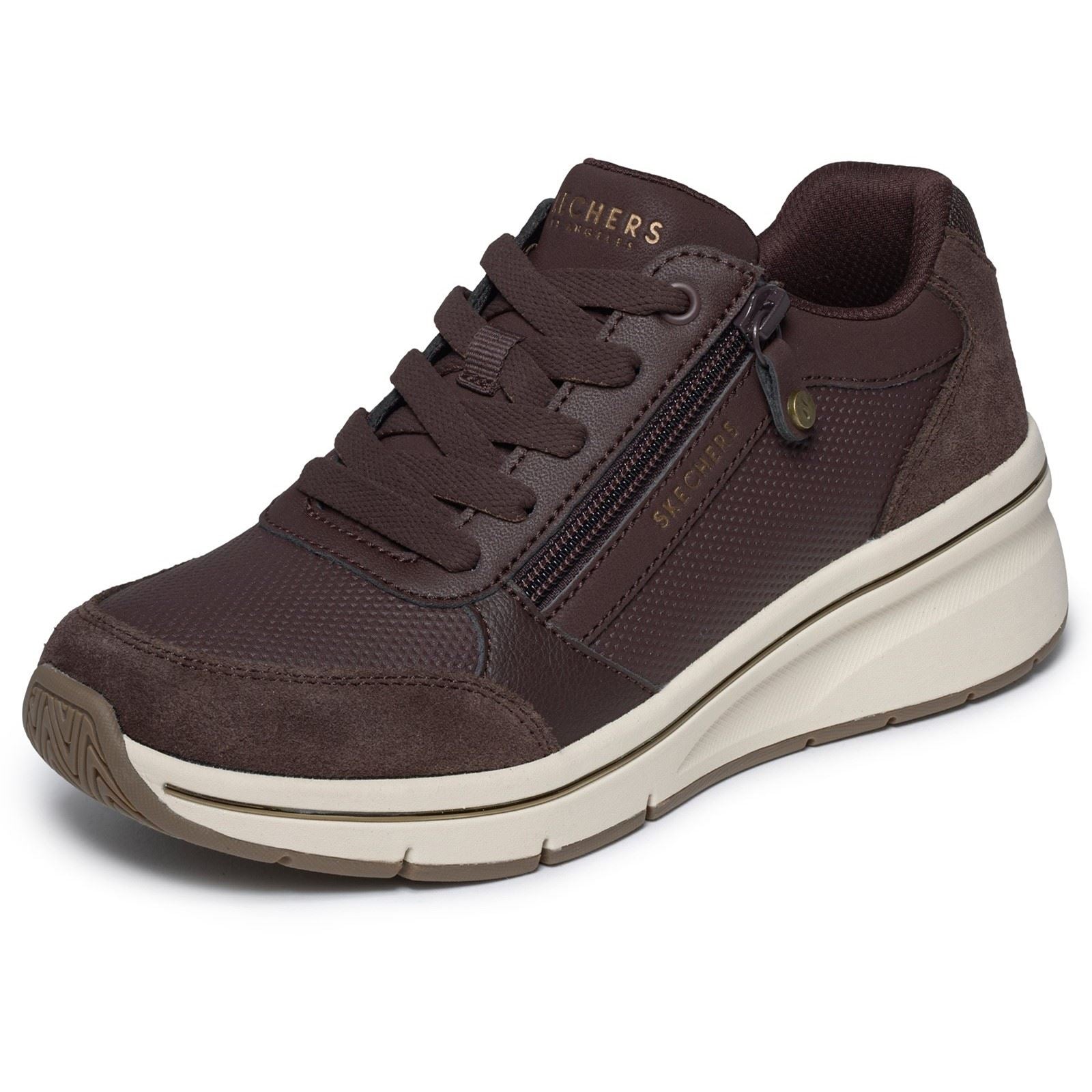 Skechers Billion Flex Luxe Up Leather Womens Chocolate Duraleather/Mesh Trainers