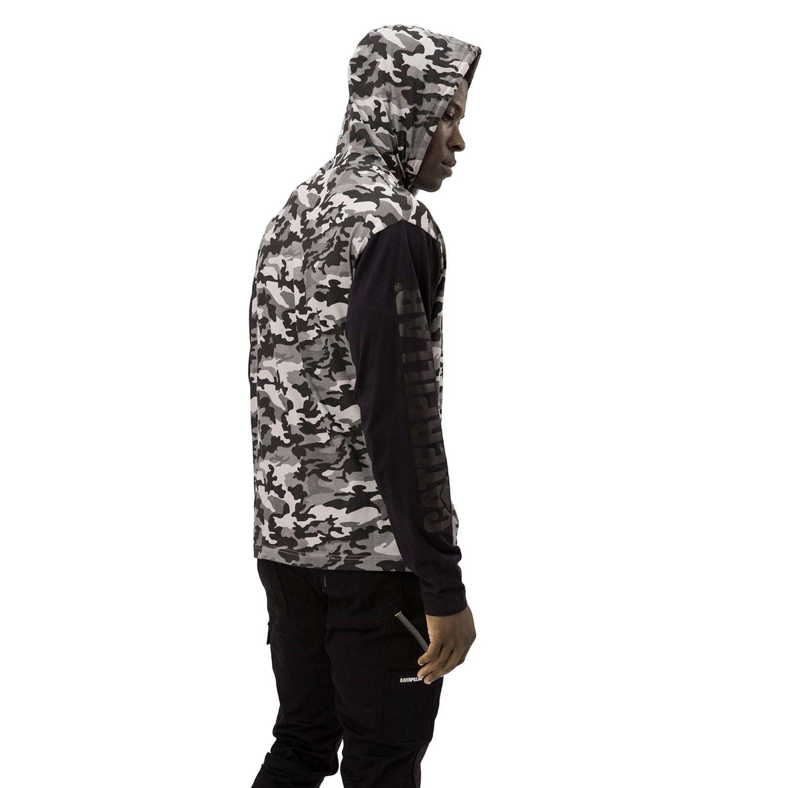 Caterpillar Hooded Long Sleeve Cotton Men's Grey T-Shirt