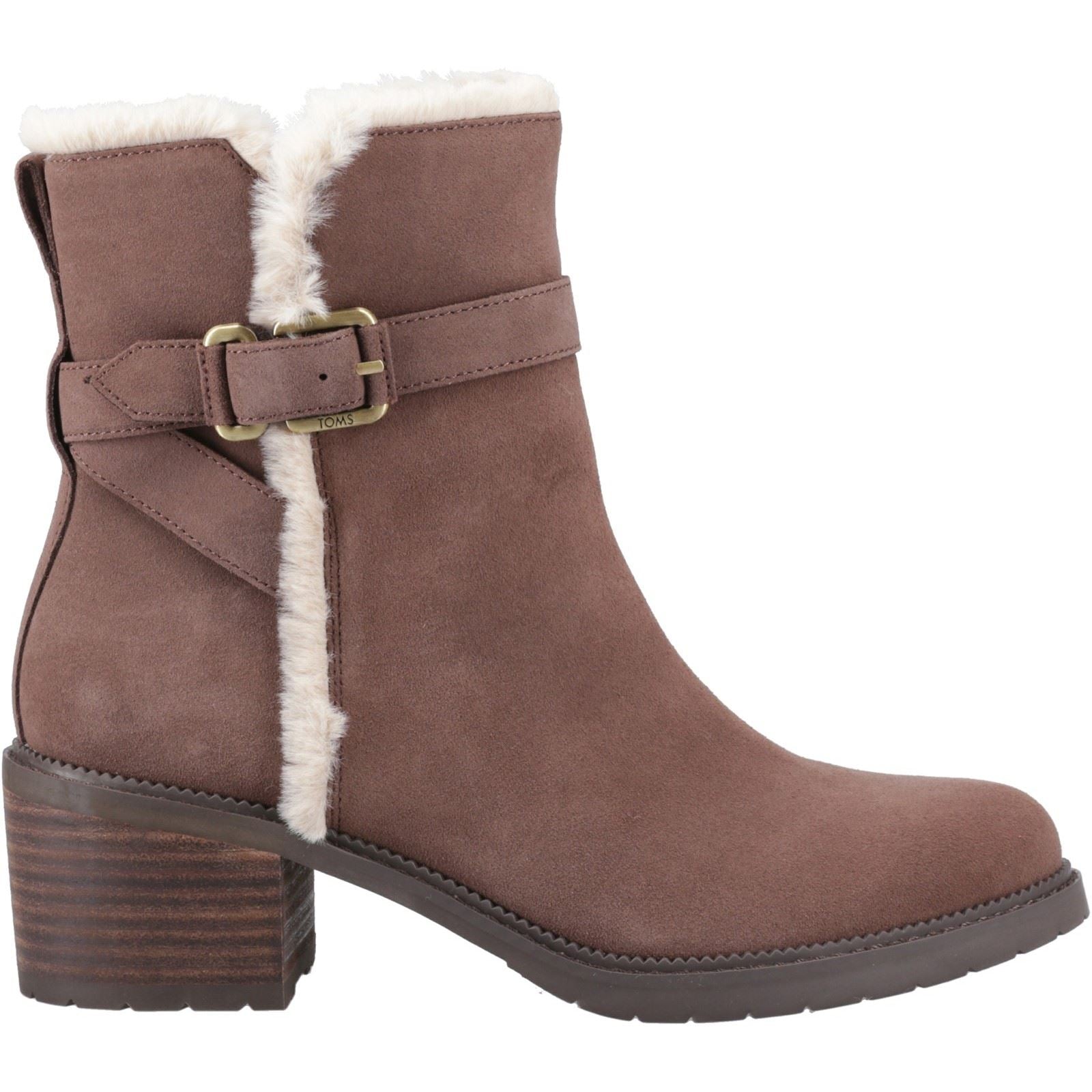TOMS Hailey Buckle Leather Women's Oak Brown Heeled Ankle Boots