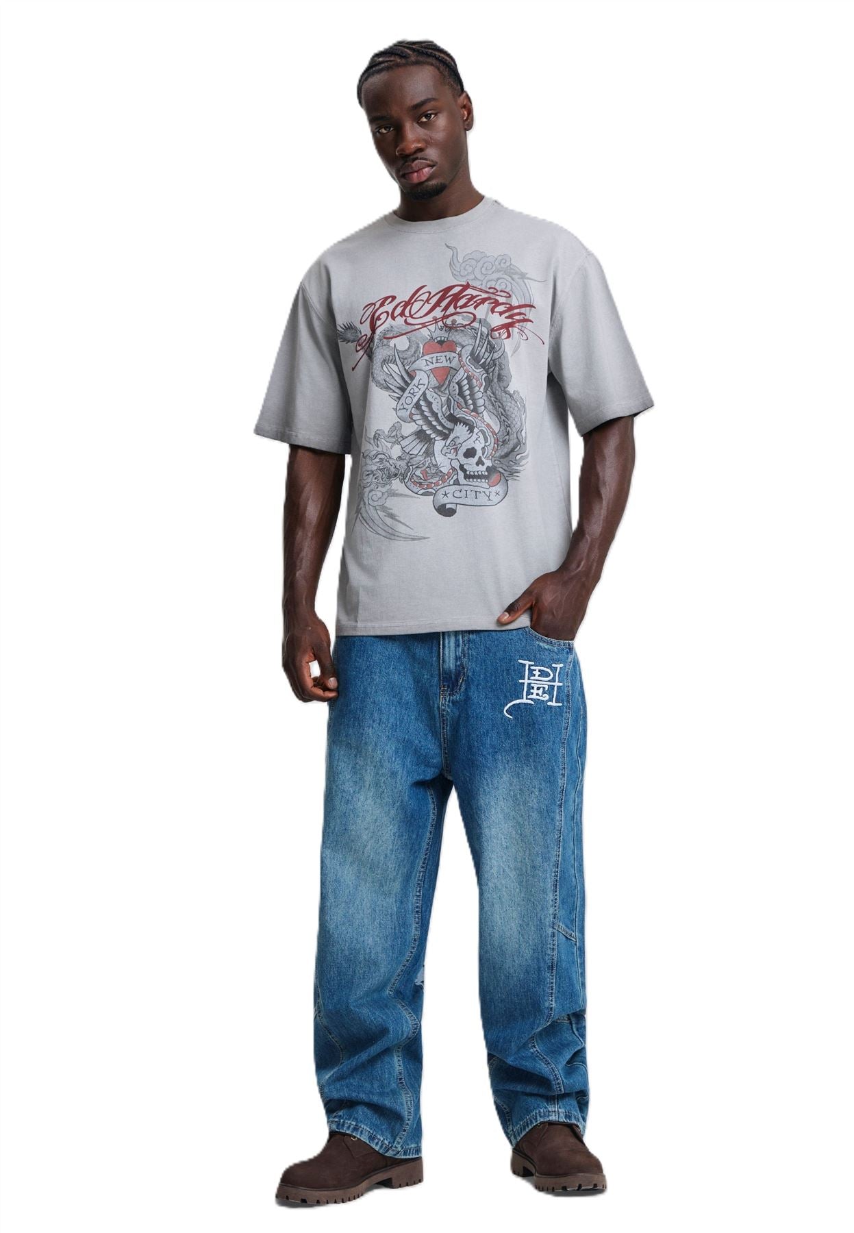 Ed Hardy Oil Wash New York Graphic Relaxed Men's Gray T-Shirts
