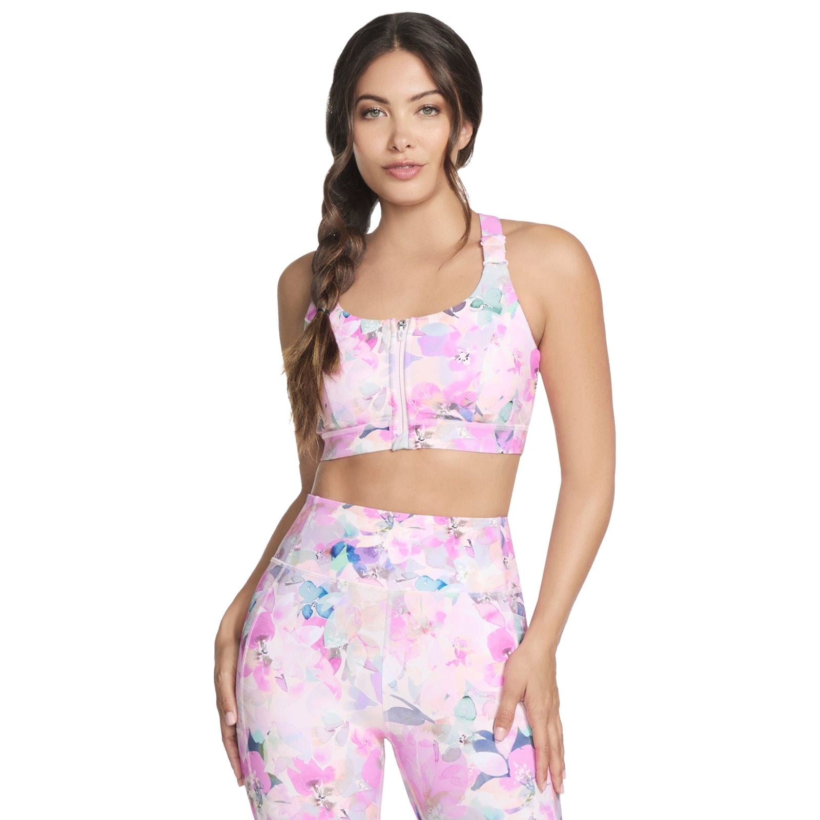 Skechers Performance GoWalk Seascape Floral Zip Front Bra Nylon Women's Pink Sports Bra