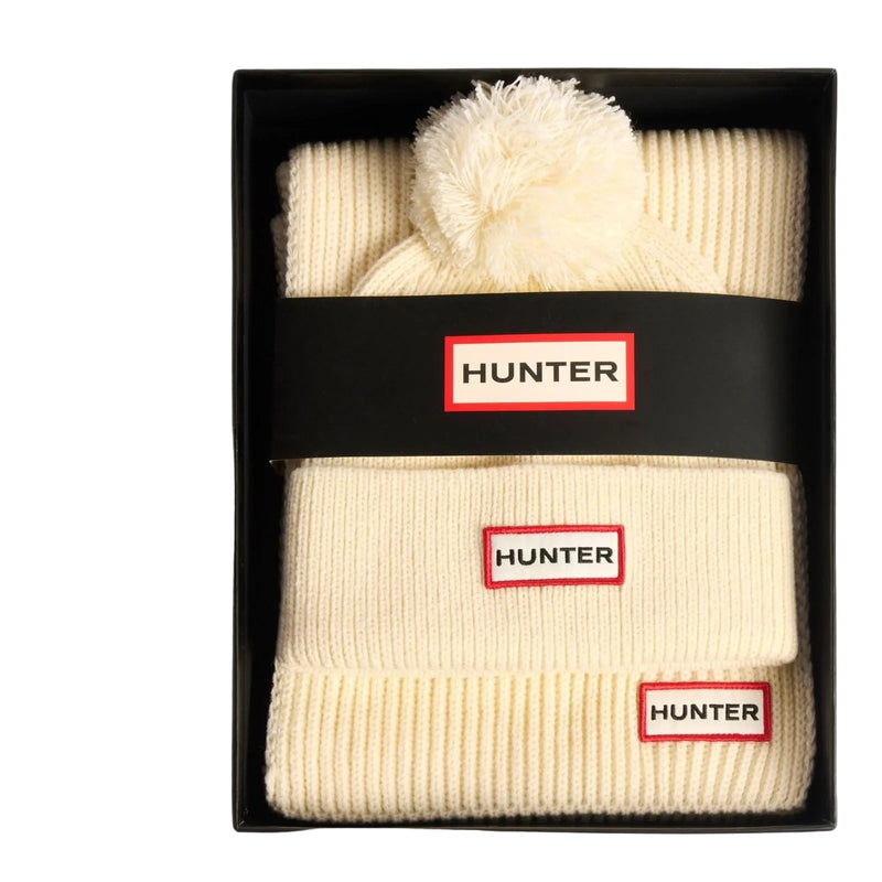 Hunter Arrinay Ribbed Pom Beanie/Scarf Box Set Unisex Adults White Hat & Scarf Set - One Size