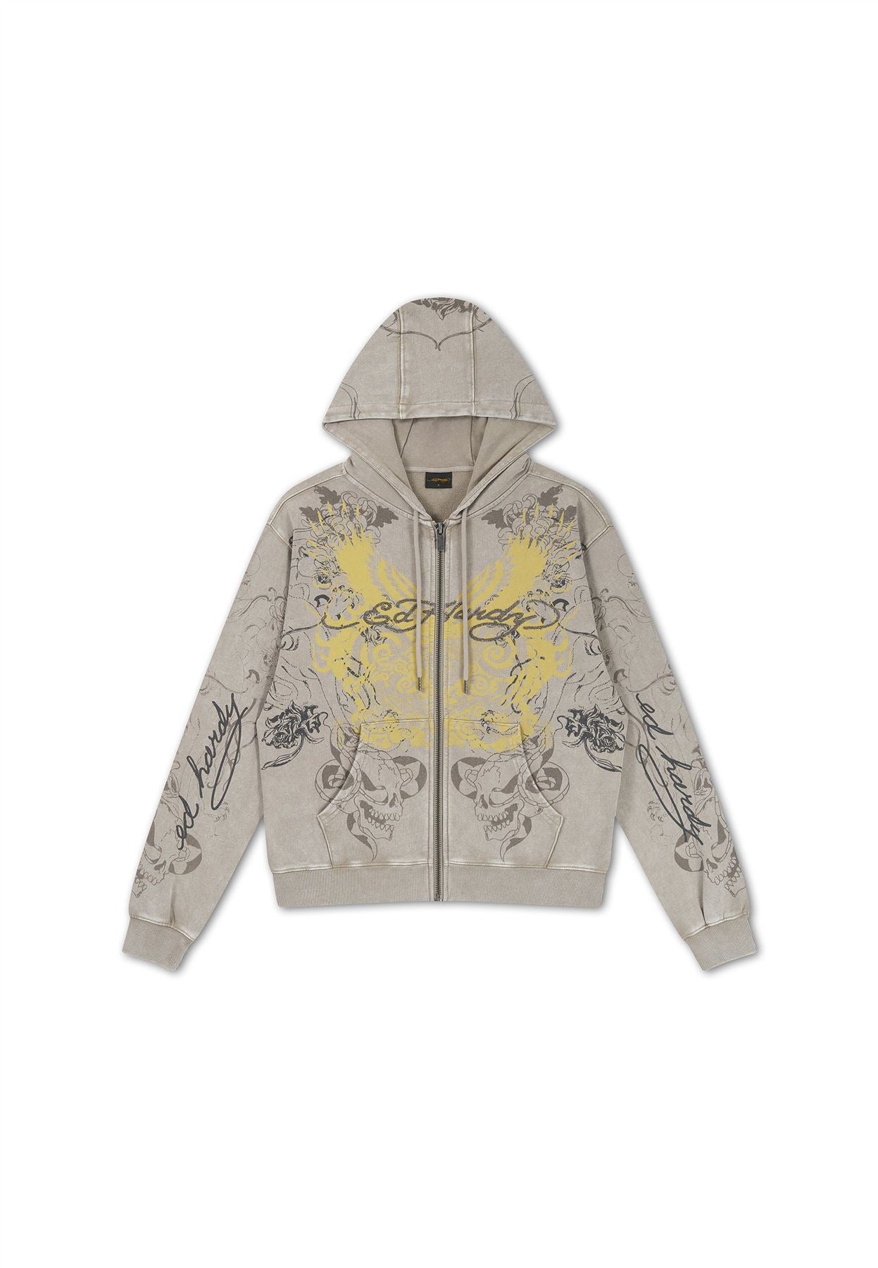 Ed Hardy Diamante Venom Stone Wash Relaxed Zip Thru Women's Gray Hoodie