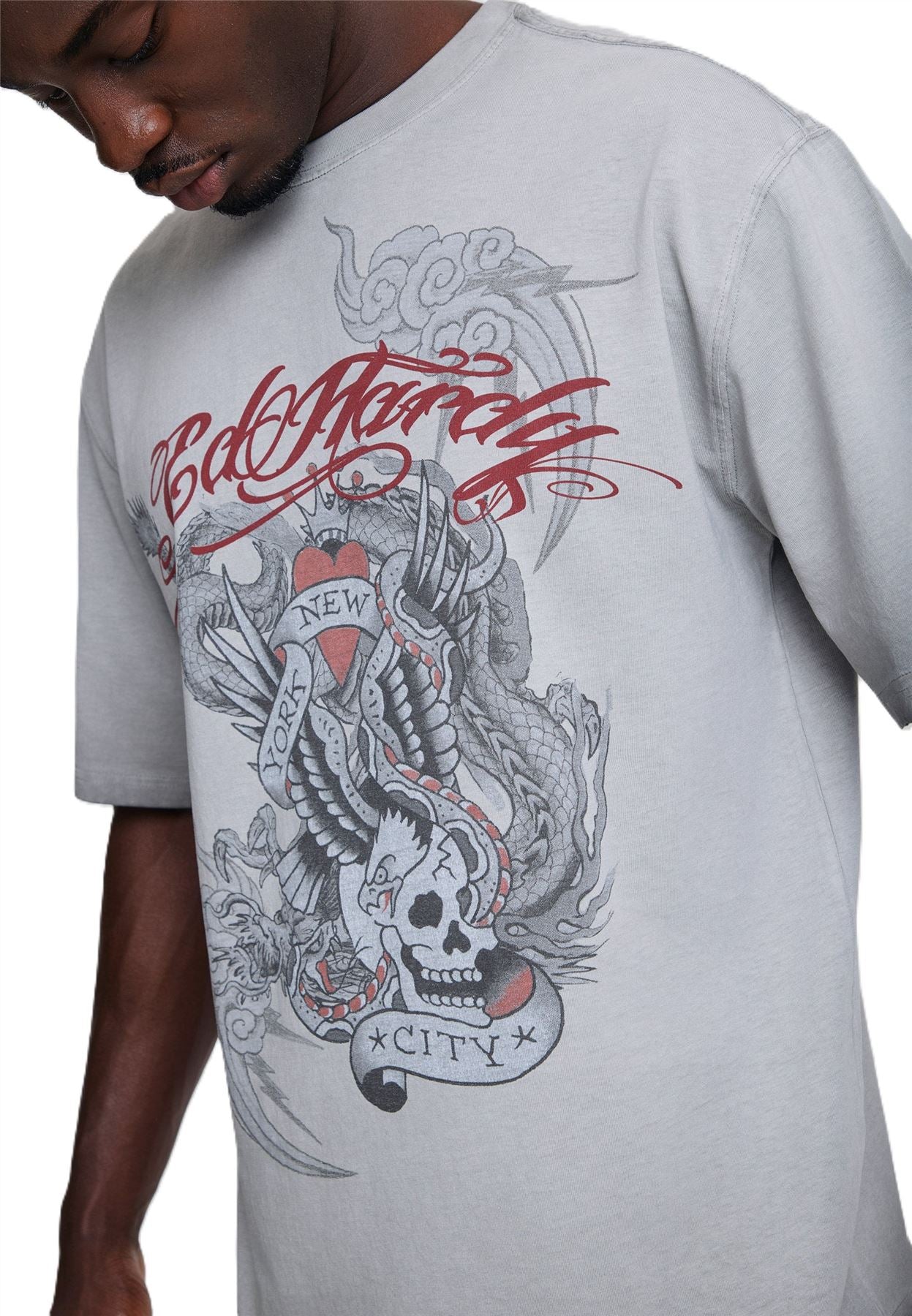 Ed Hardy Oil Wash New York Graphic Relaxed Men's Gray T-Shirts