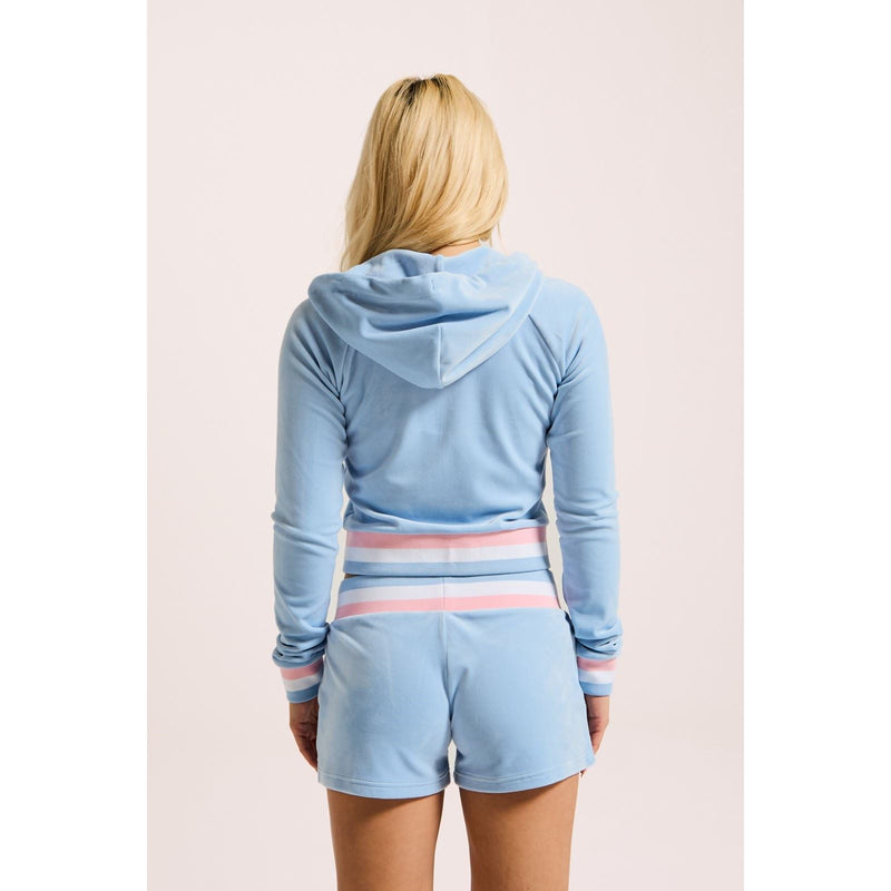 Juicy Couture Velour Cropped Stripe Hoodie Polyester Women's Blue Hooded Sweatshirt