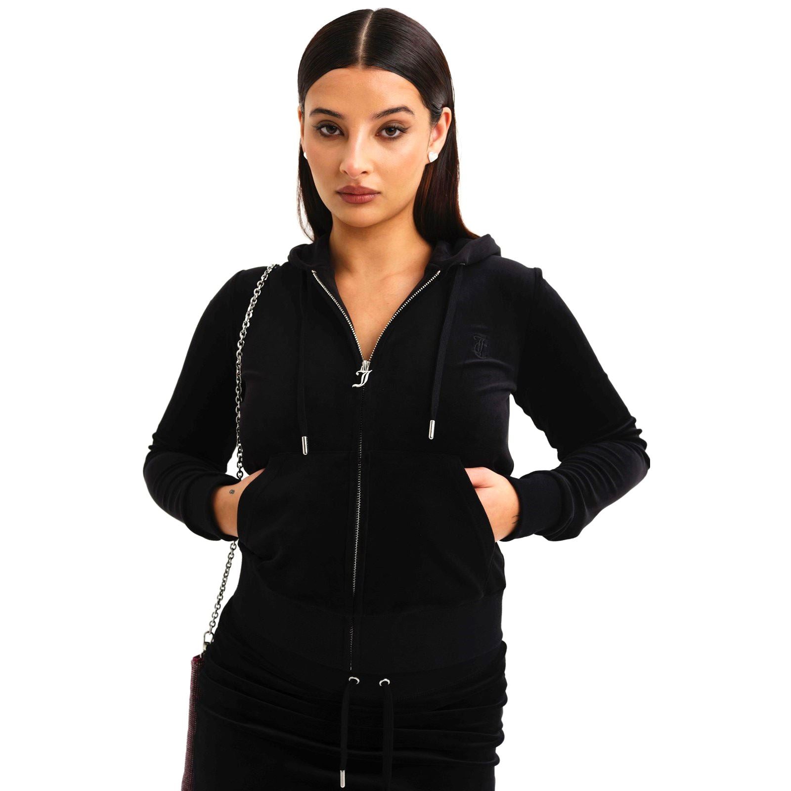 Juicy Couture Robertson Classic Jacket Polyester Women's Black Hooded Sweatshirt