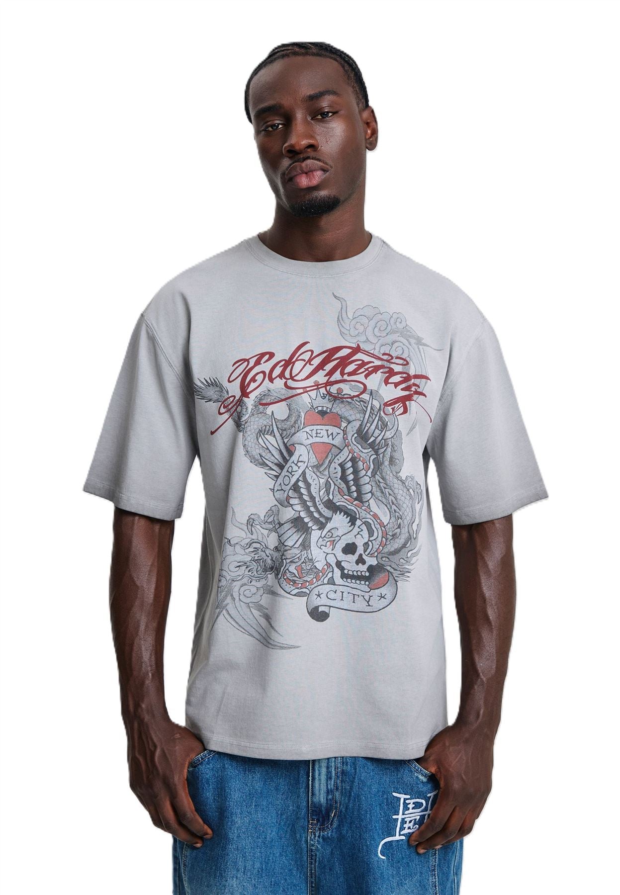 Ed Hardy Oil Wash New York Graphic Relaxed Men's Gray T-Shirts