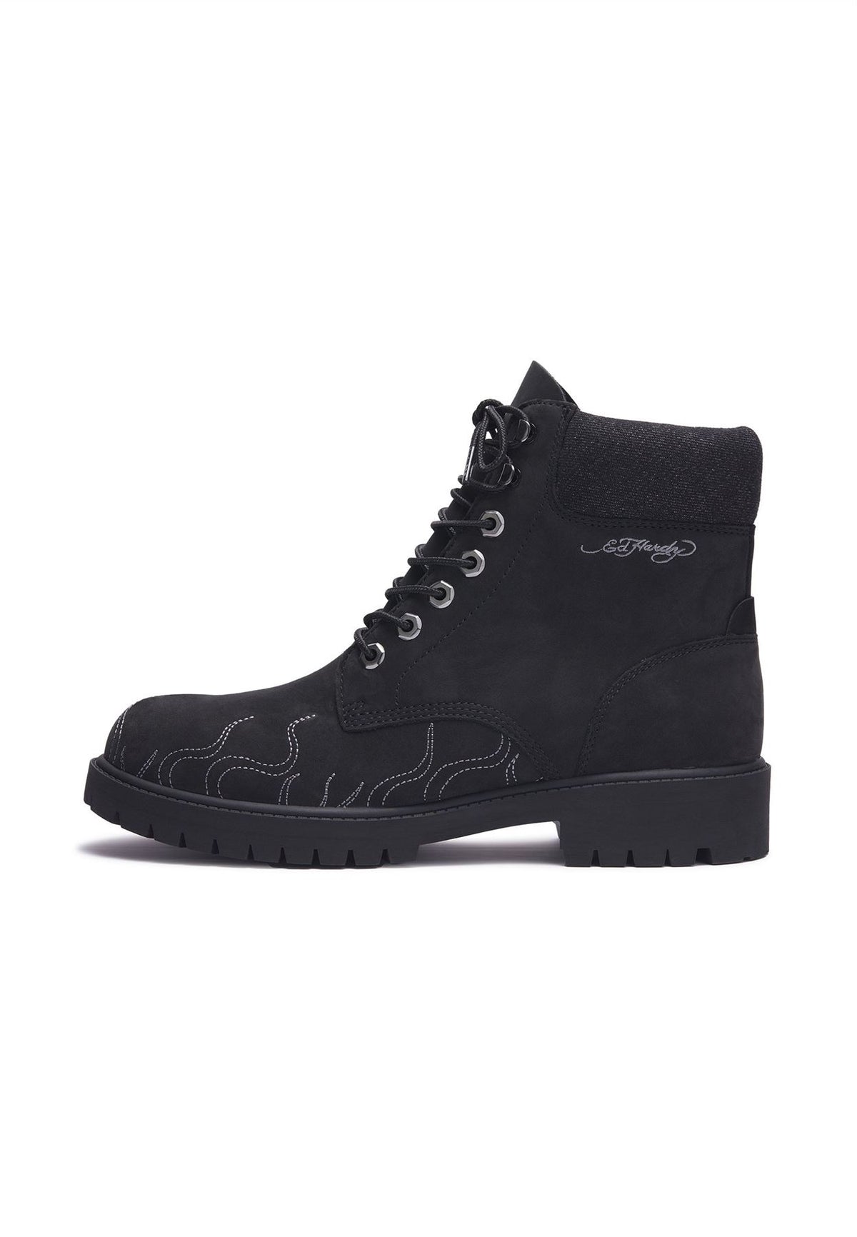 Ed Hardy Embroidered Flames Nubuck Men's Black Boots