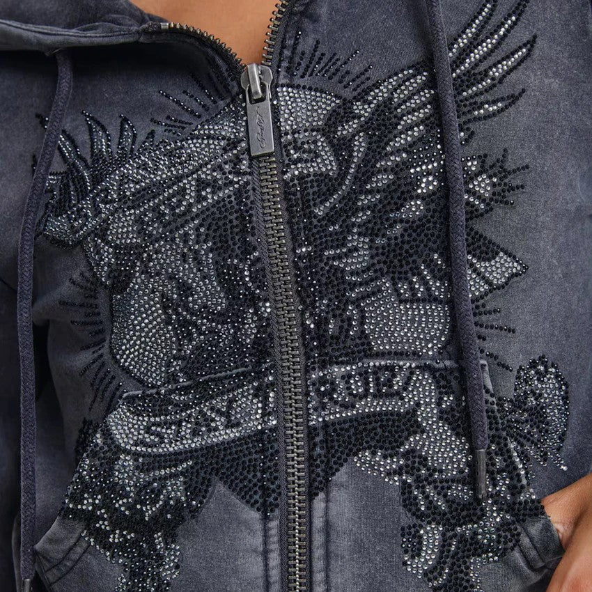 Ed Hardy Stay True Fitted Cropped Zip Women's Black Hoodie