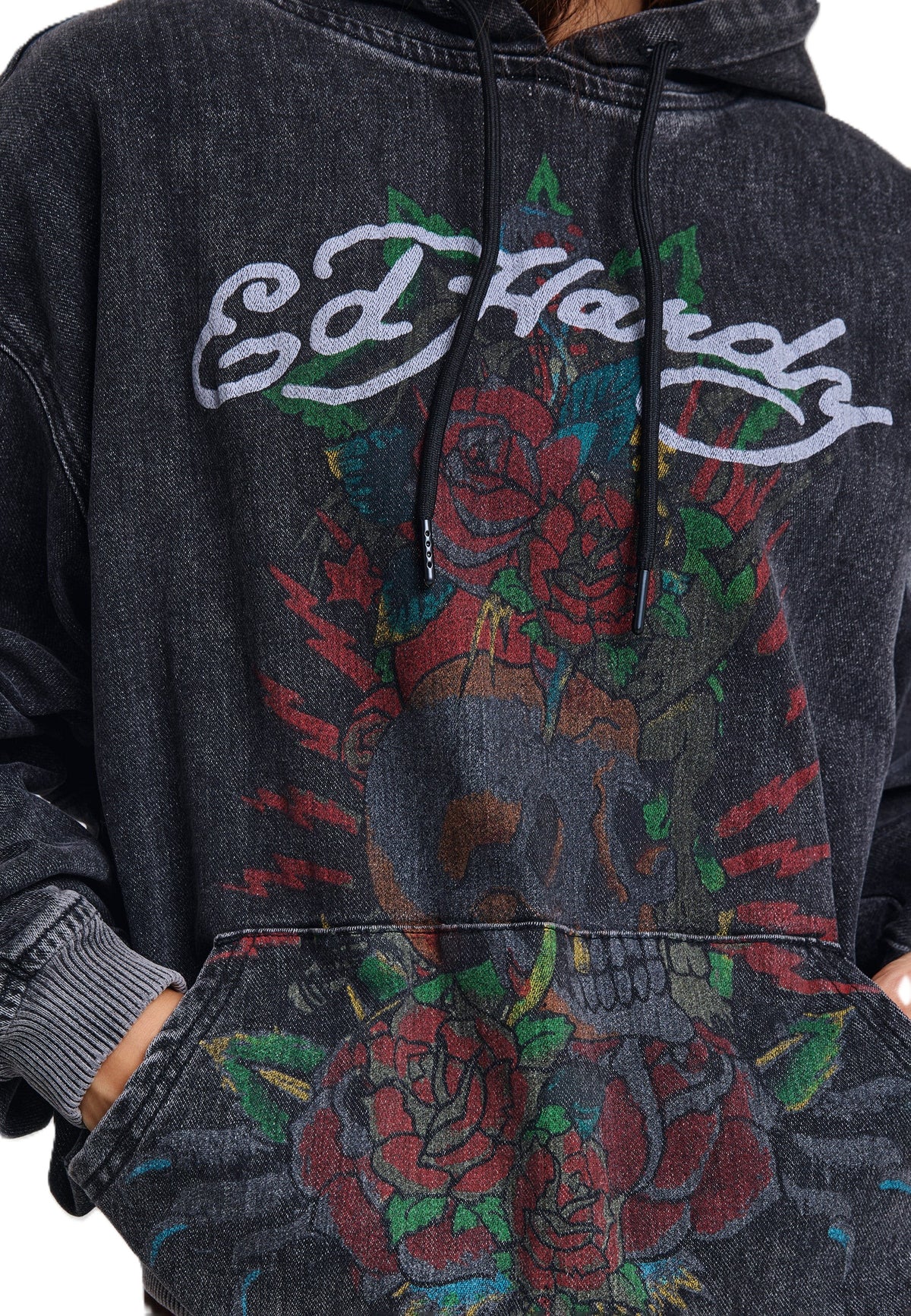 Ed Hardy Skull Roses Oversized Women's Black Hoodie
