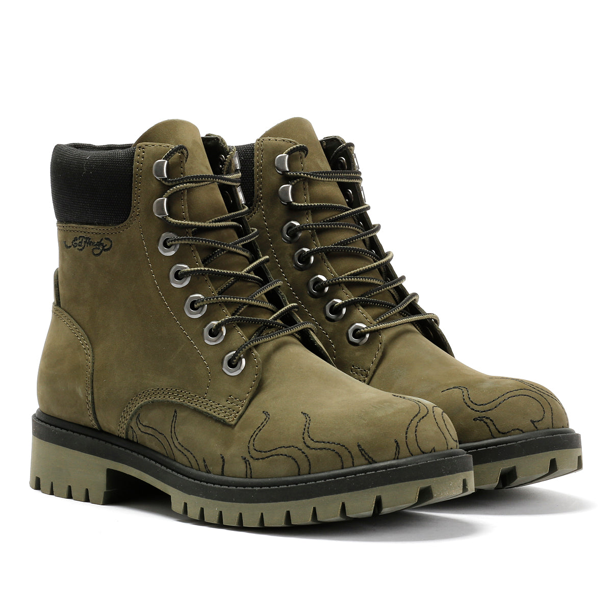 Ed Hardy Embroidered Flames Nubuck Women's Khaki Boots