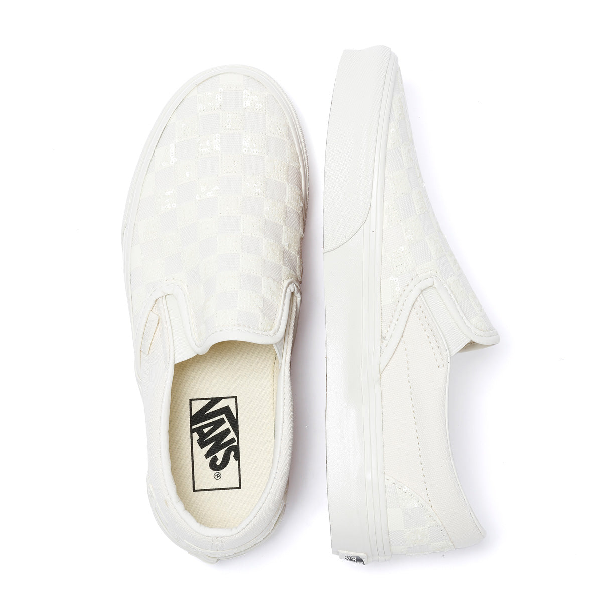 Vans Classic Slip-On Canvas Women's White Beaded Checkerboard Sneakers