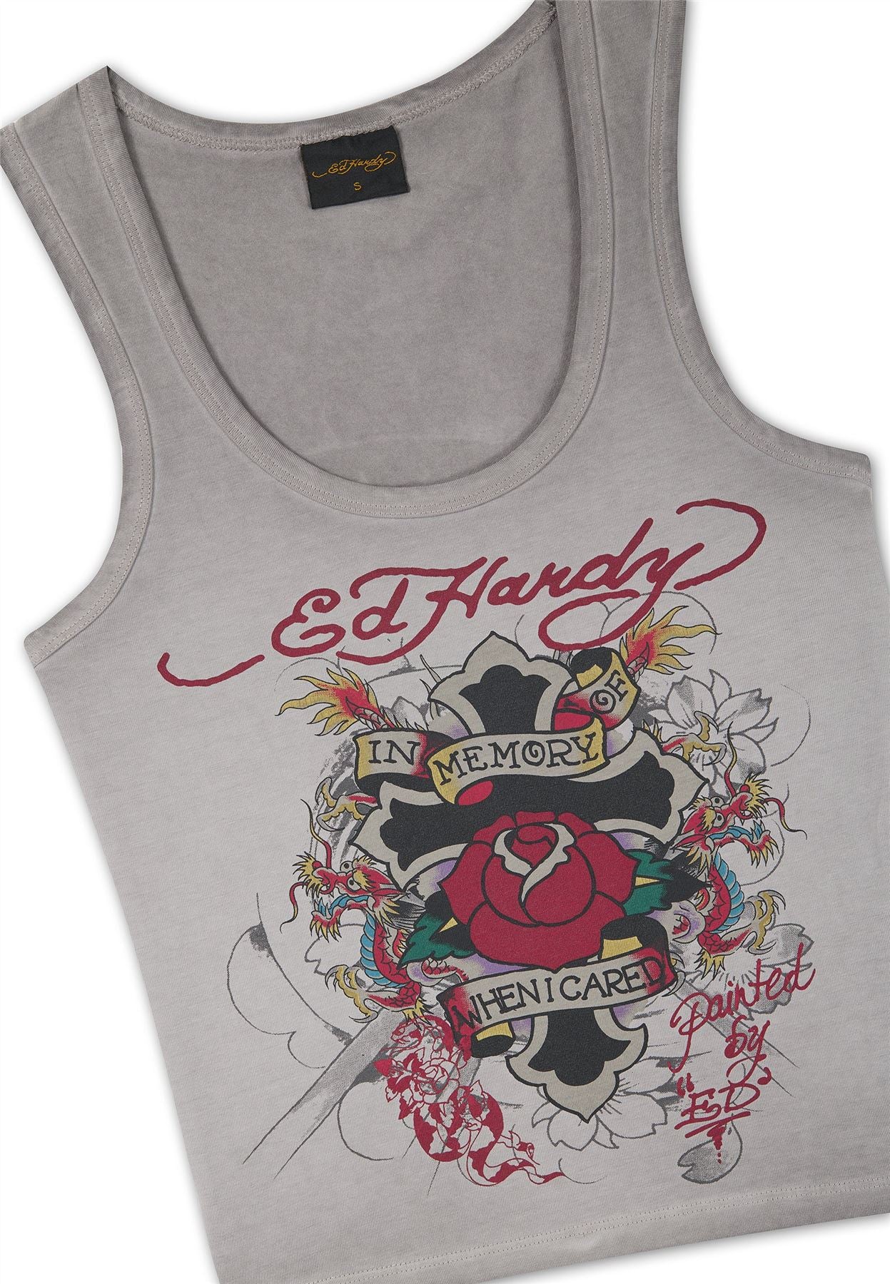 Ed Hardy In Memory of When I Cared Fitted Women's Gray Vest Top