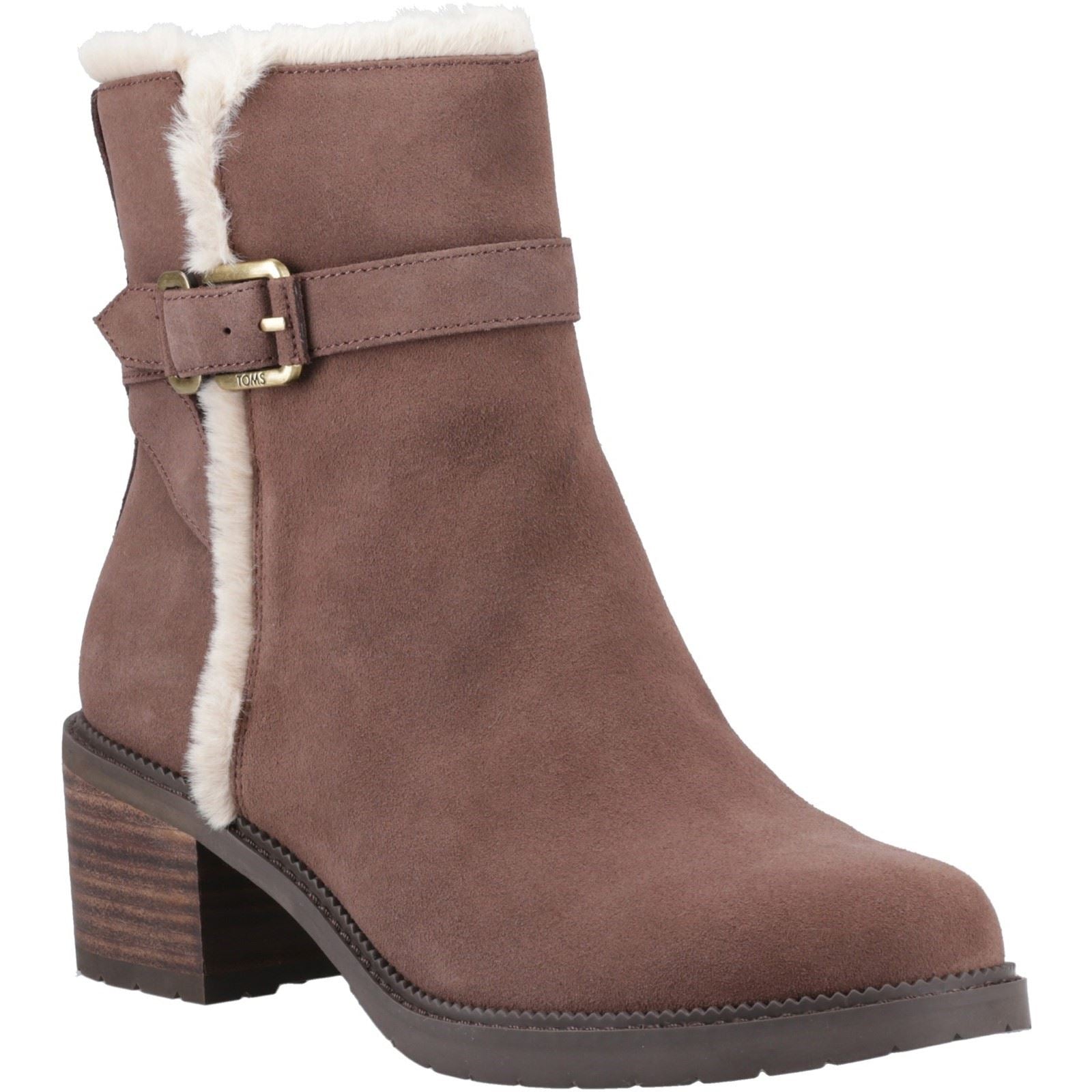 TOMS Hailey Buckle Leather Women's Oak Brown Heeled Ankle Boots