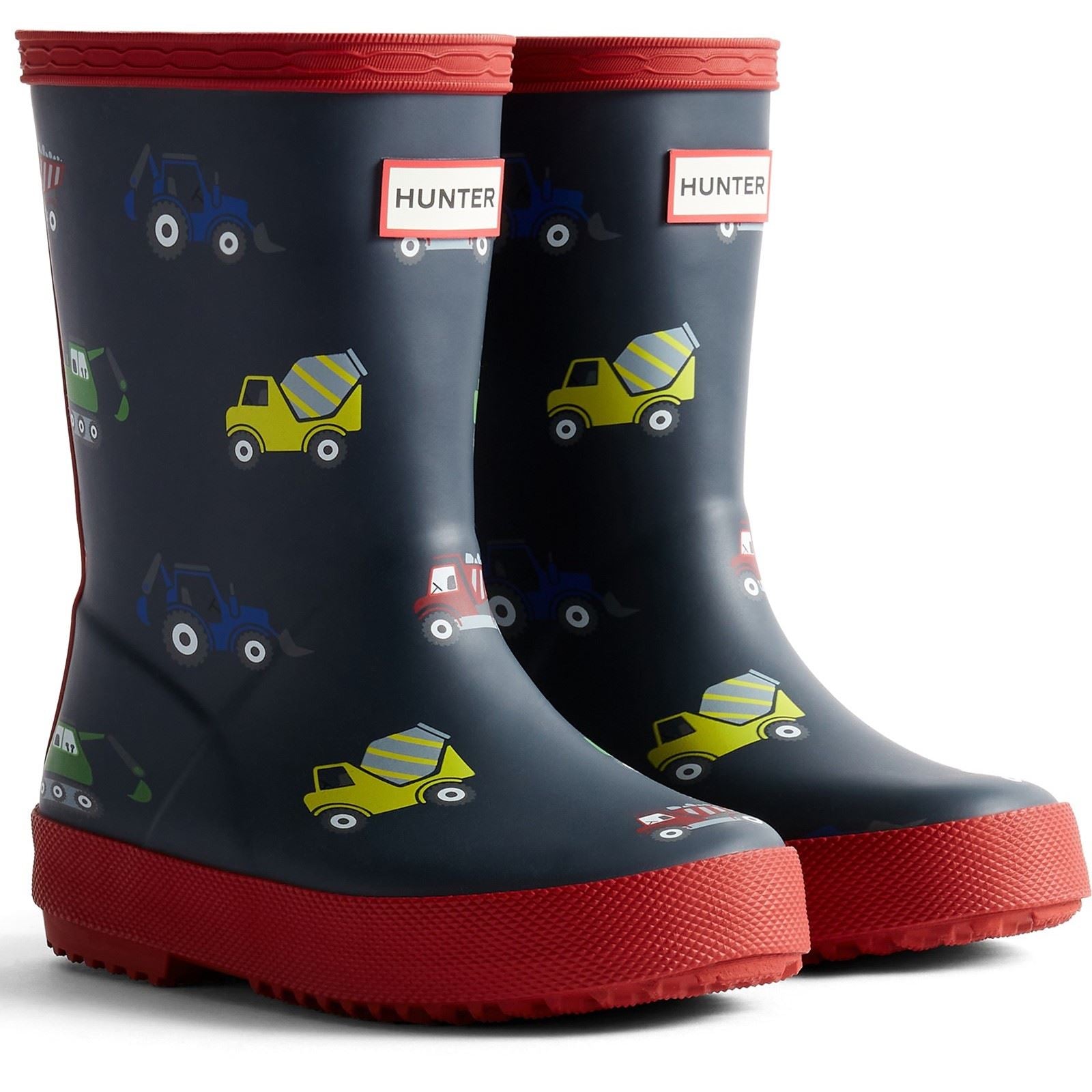 Hunter First Construction Print Boys's Hunter Navy/Military Red Wellington Boots