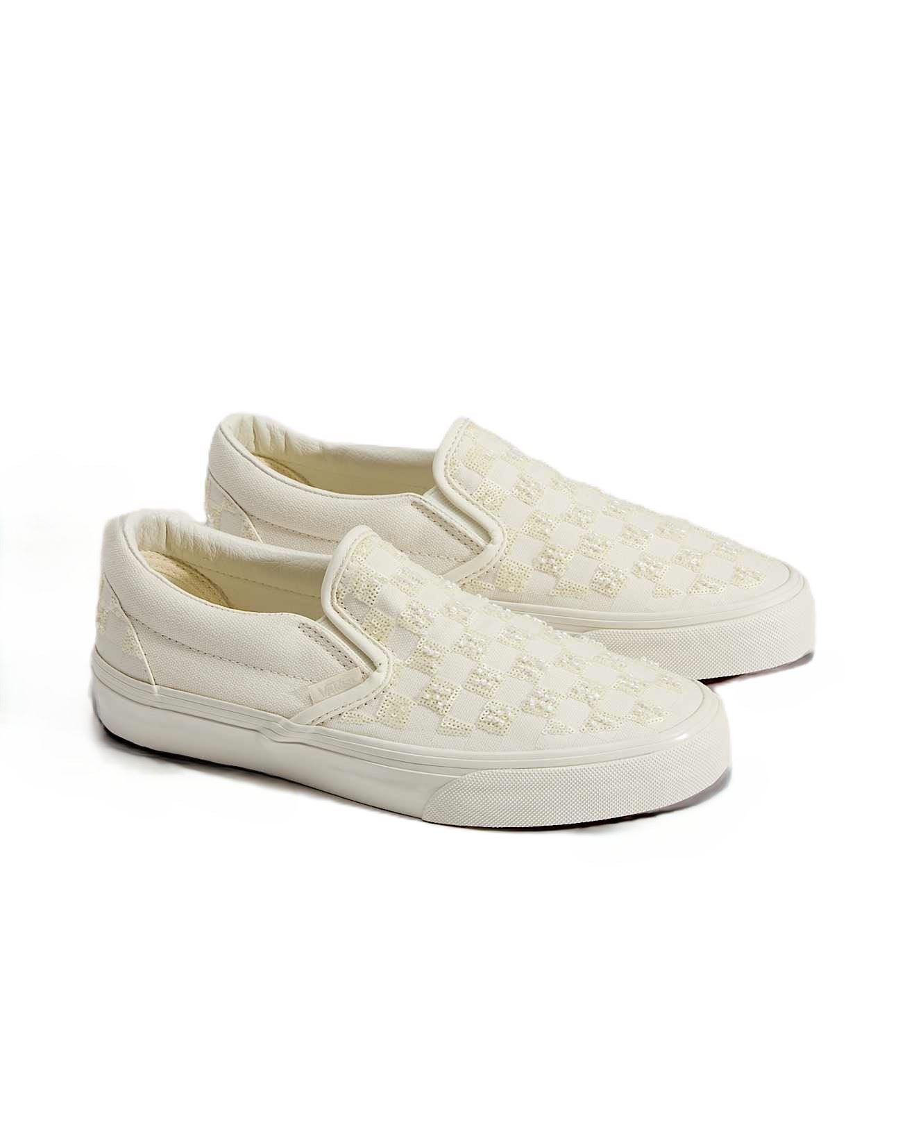 Vans Classic Slip-On Canvas Women's White Beaded Checkerboard Sneakers