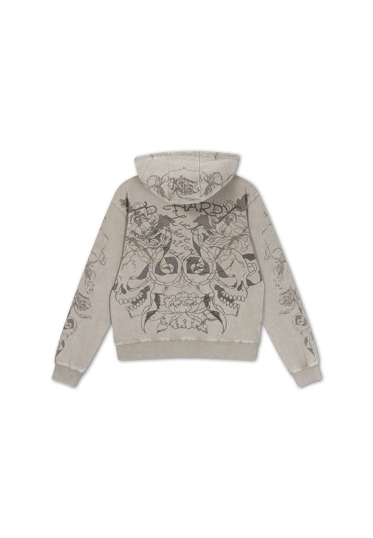 Ed Hardy Diamante Venom Stone Wash Relaxed Zip Thru Women's Gray Hoodie