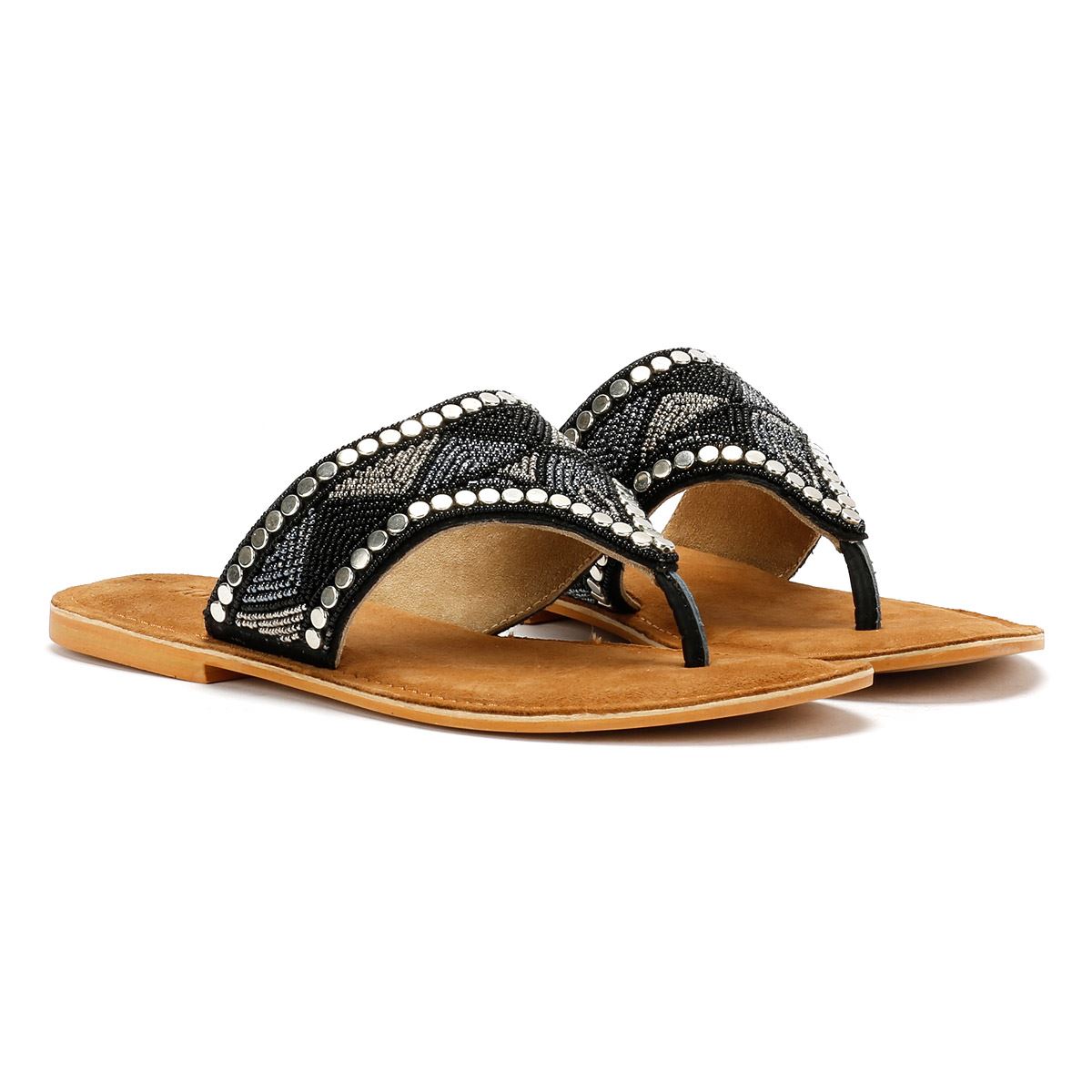 Tower London Wide Vamp Toepost Women's Black Metallic Sandals