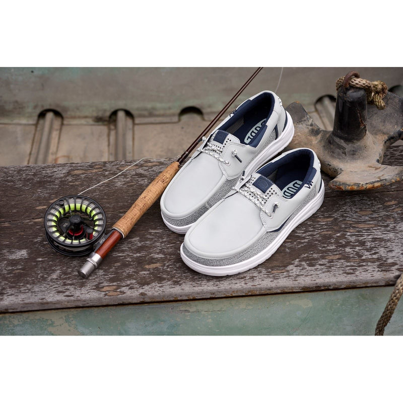 HEYDUDE Welsh Grip Classic Mesh Cotton Blend Men's Storm Gray/Navy Blazer Boat Shoes