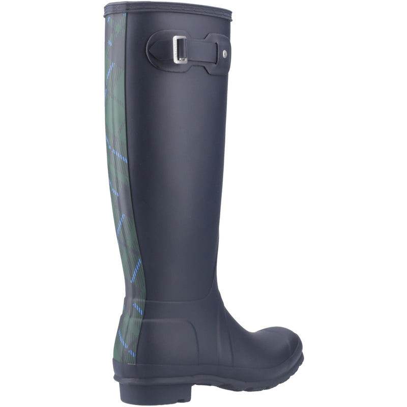 Hunter  Womens Navy Original Tall Tartan Back Strap Wellington Boots