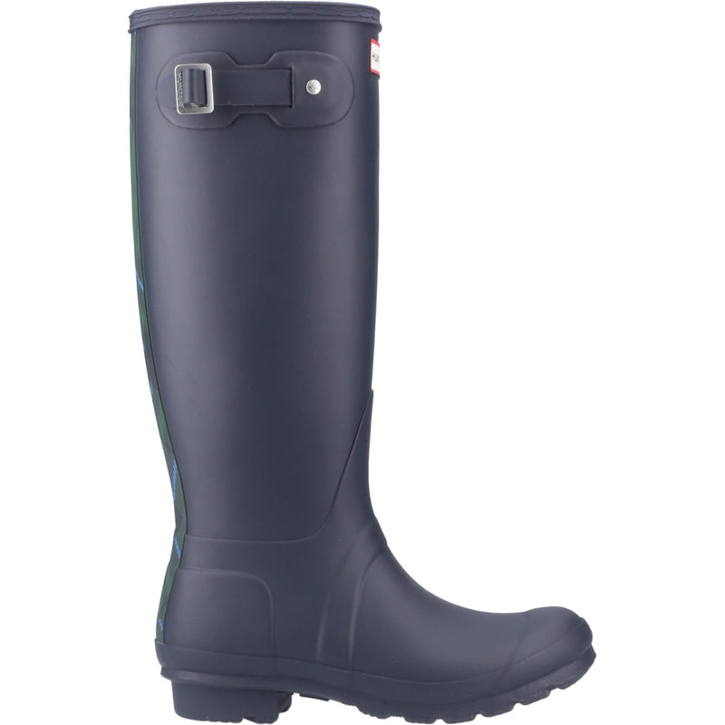 Hunter  Womens Navy Original Tall Tartan Back Strap Wellington Boots